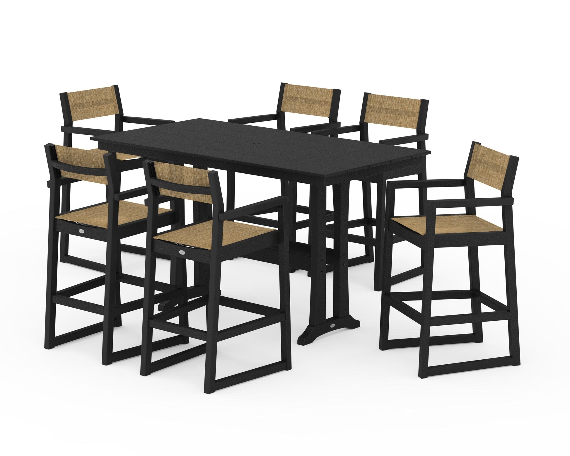 POLYWOOD EDGE Sling Arm Chair 7-Piece Farmhouse Bar Set with Trestle Legs — Black / Burlap Sling