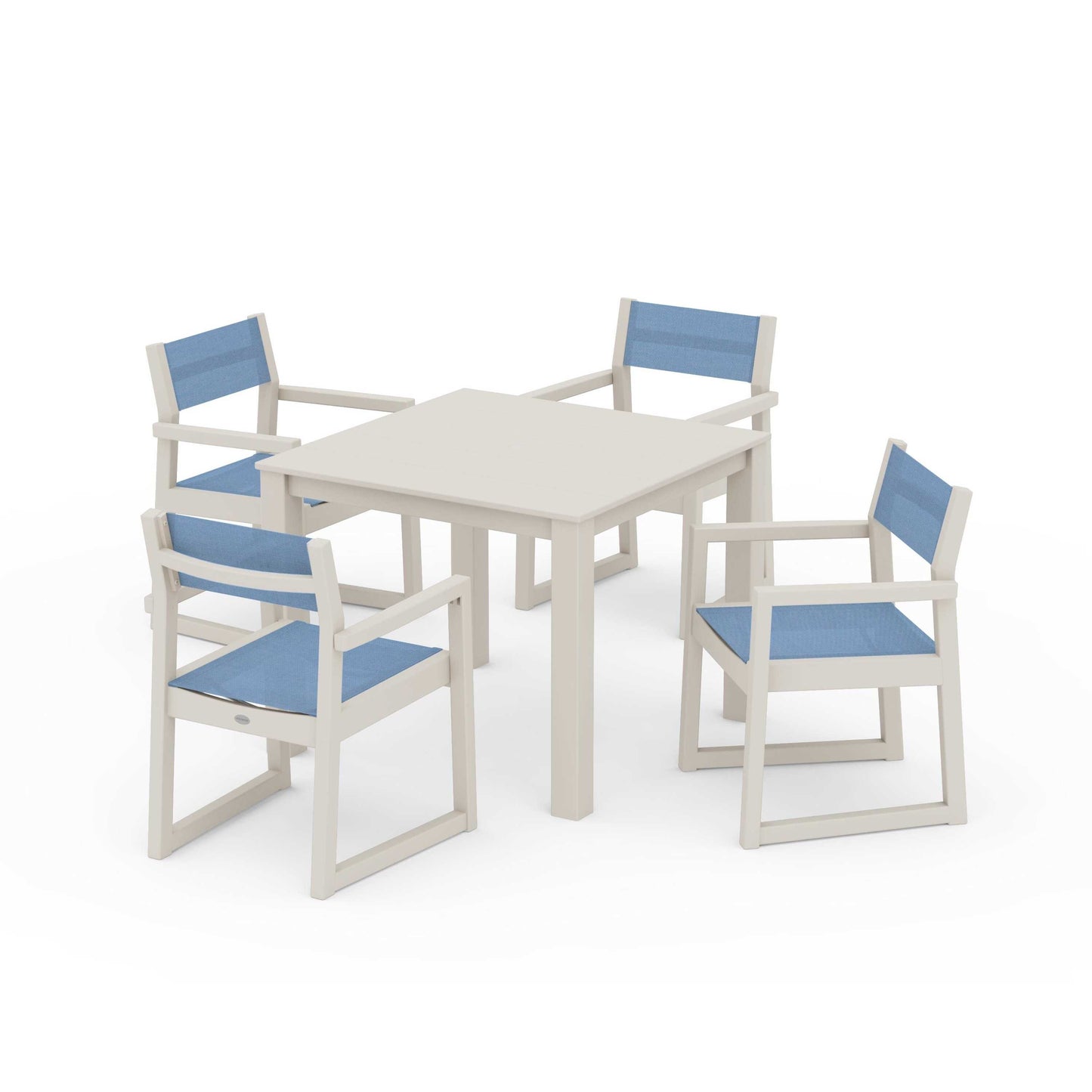 POLYWOOD EDGE Sling Arm Chair 5-Piece Parsons Dining Set — Sand / Poolside Sling