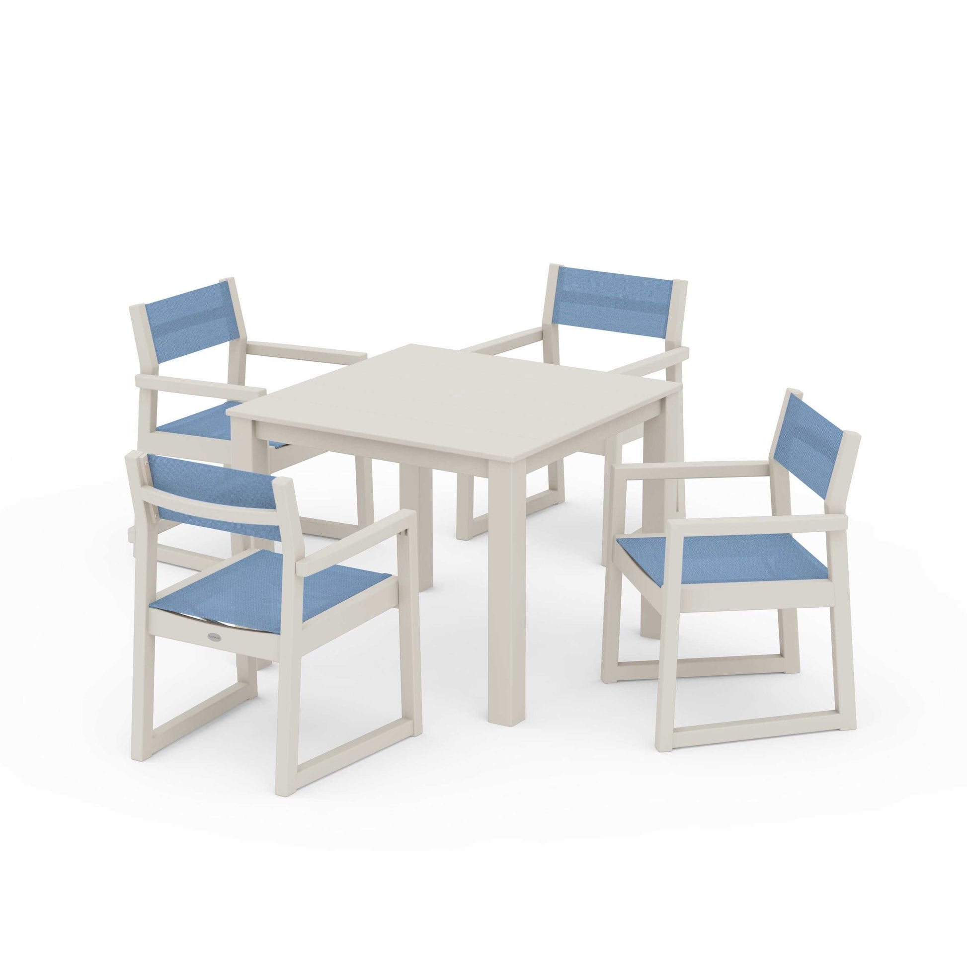 POLYWOOD EDGE Sling Arm Chair 5-Piece Parsons Dining Set — Sand / Poolside Sling