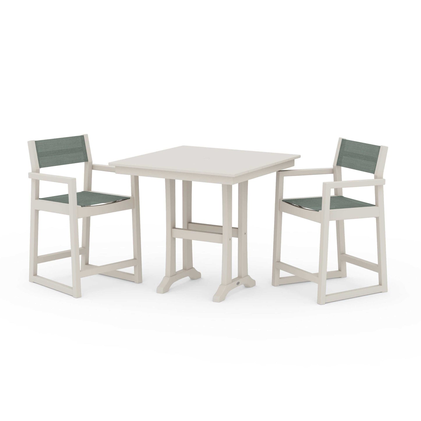 POLYWOOD EDGE Sling Arm Chair 3-Piece Farmhouse Counter Set with Trestle Legs — Sand / Dupioni Sea Mist Sling