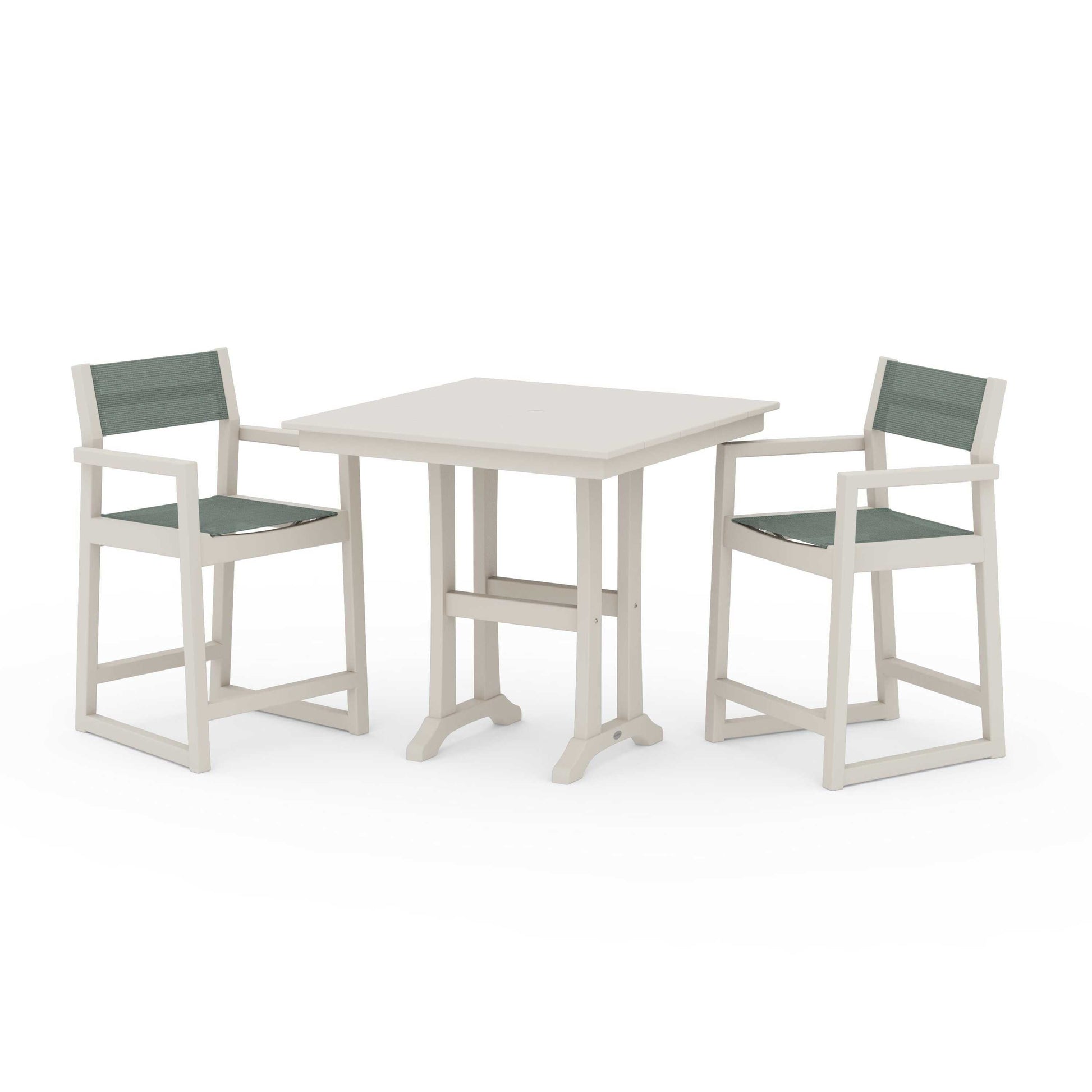 POLYWOOD EDGE Sling Arm Chair 3-Piece Farmhouse Counter Set with Trestle Legs — Sand / Dupioni Sea Mist Sling