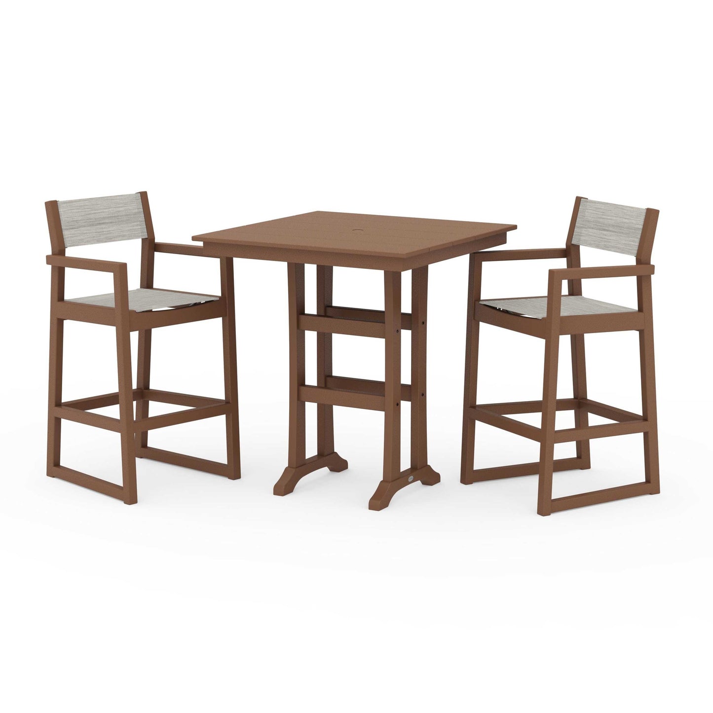 POLYWOOD EDGE Sling Arm Chair 3-Piece Farmhouse Bar Set with Trestle Legs — Teak / Birch Sling