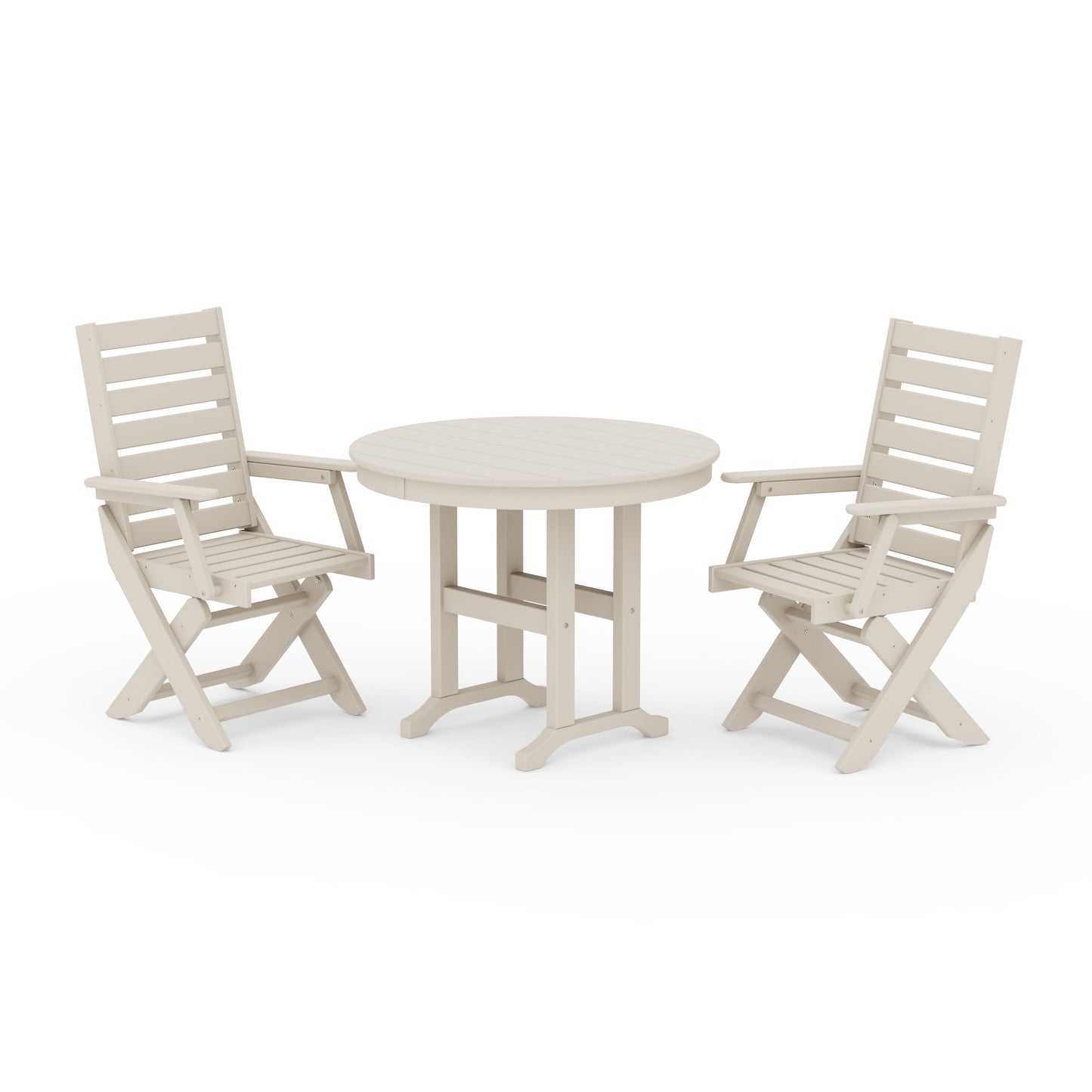 POLYWOOD Captain Folding Chair 3-Piece Round Dining Set — Sand