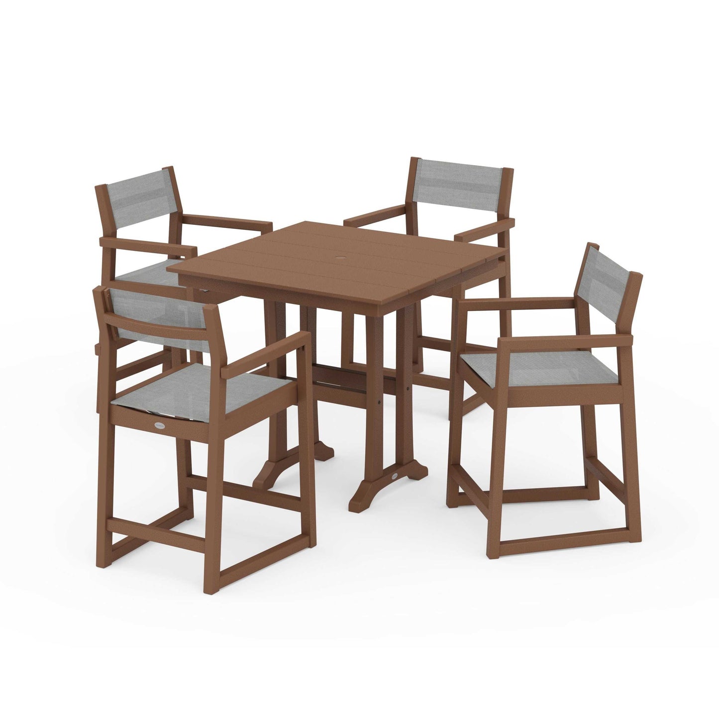 POLYWOOD EDGE Sling Arm Chair 5-Piece Farmhouse Counter Set with Trestle Legs — Teak / Metallic Sling