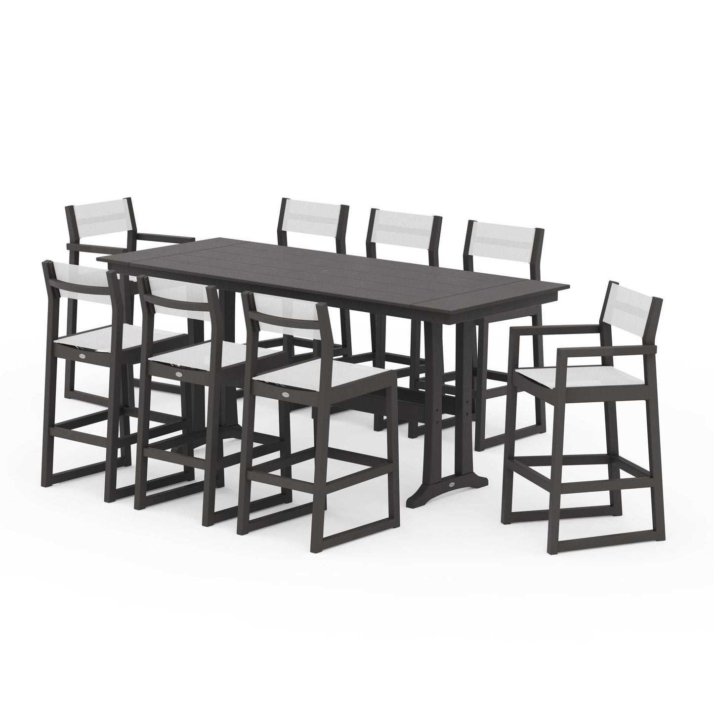 POLYWOOD EDGE Sling 9-Piece Farmhouse Bar Set with Trestle Legs — Vintage Coffee / White Sling