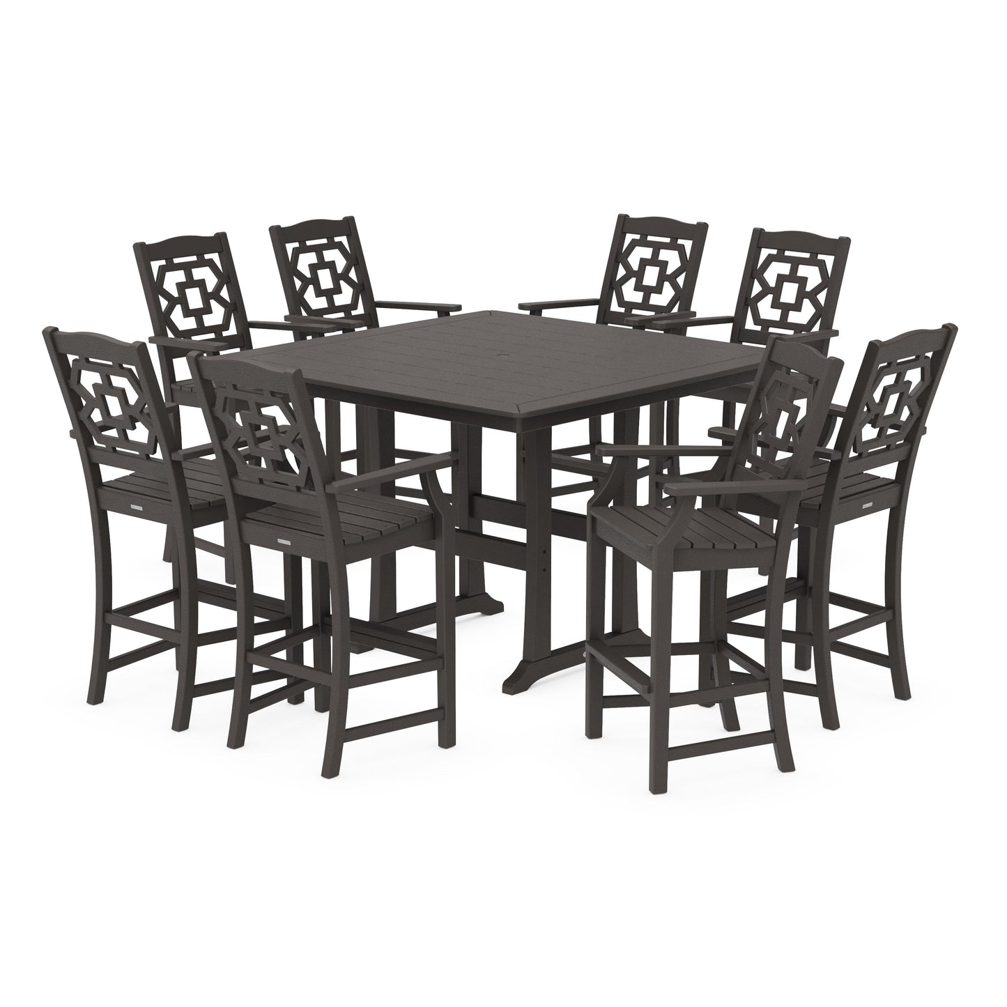 POLYWOOD Chinoiserie 9-Piece Square Bar Set with Trestle Legs — Vintage Coffee