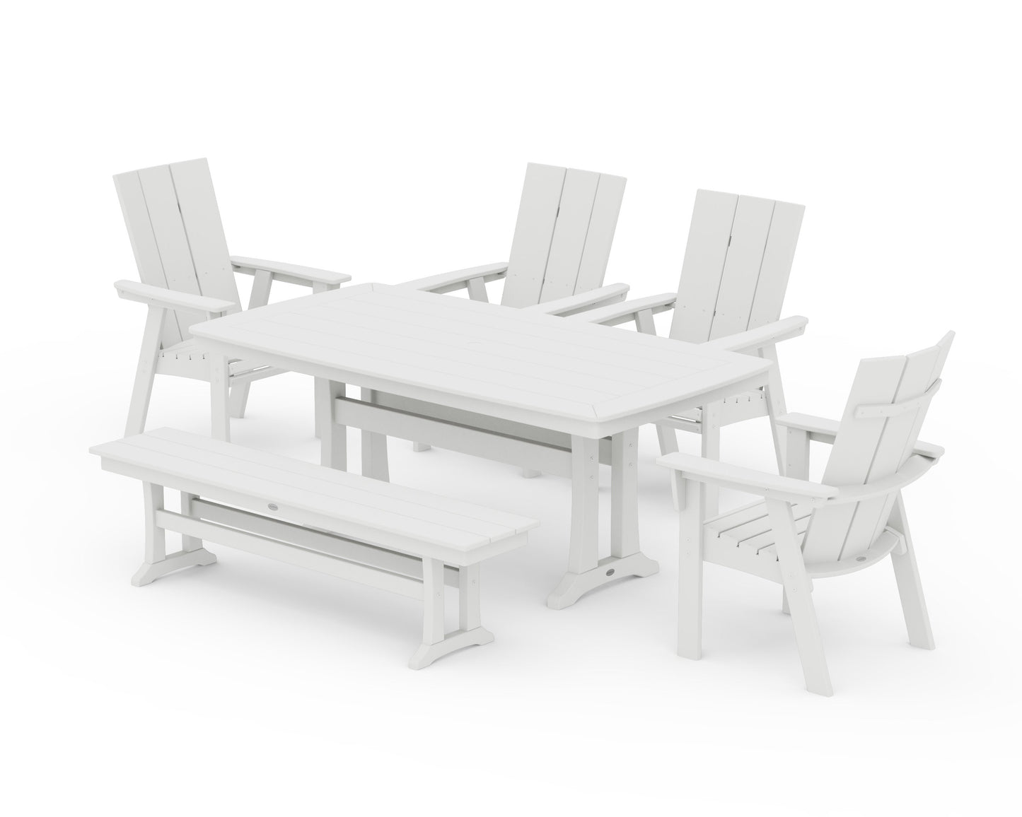POLYWOOD Modern Curveback Adirondack 6-Piece Farmhouse Dining Set with Trestle Legs and Bench — Vintage White
