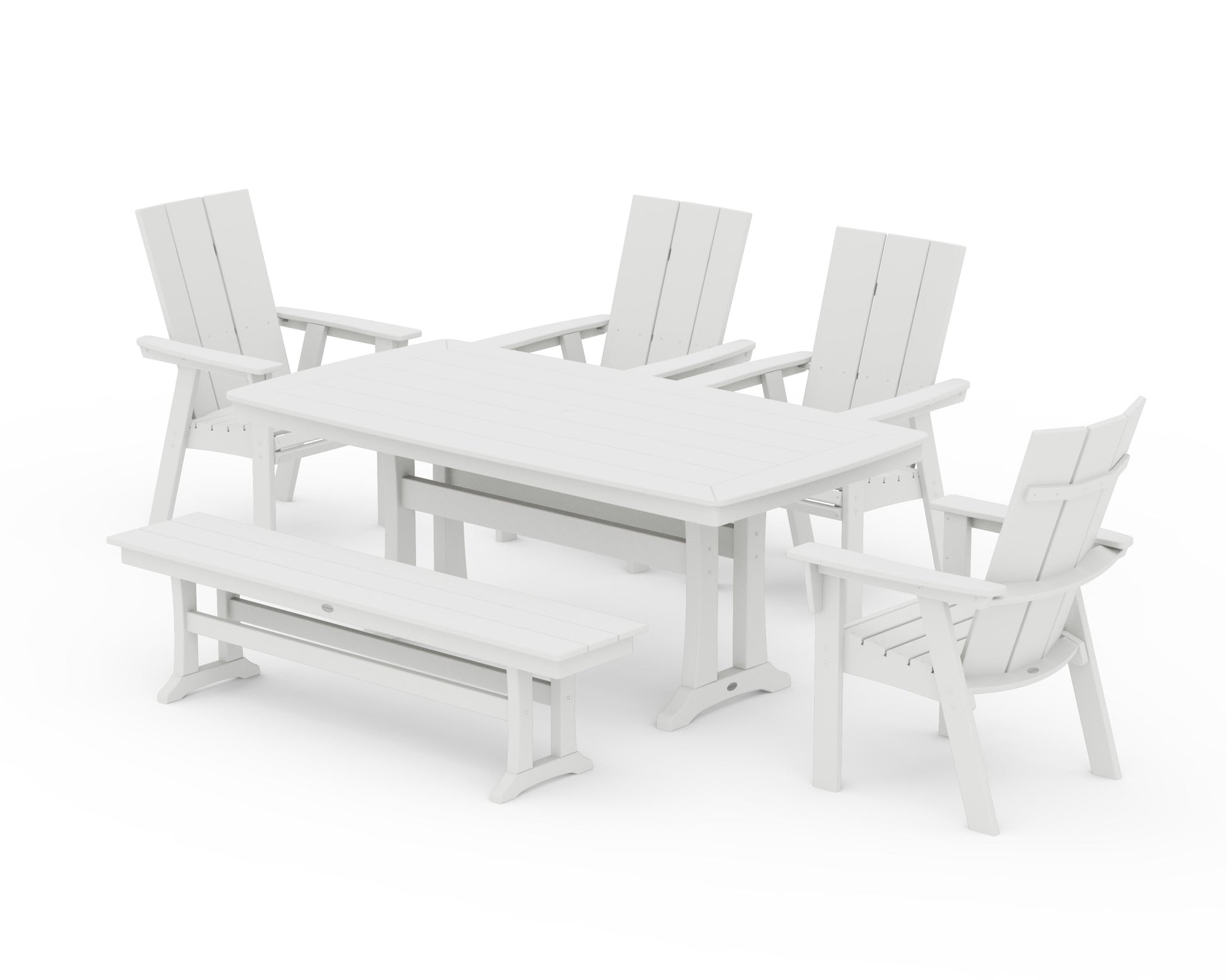 POLYWOOD Modern Curveback Adirondack 6-Piece Farmhouse Dining Set with Trestle Legs and Bench — Vintage White