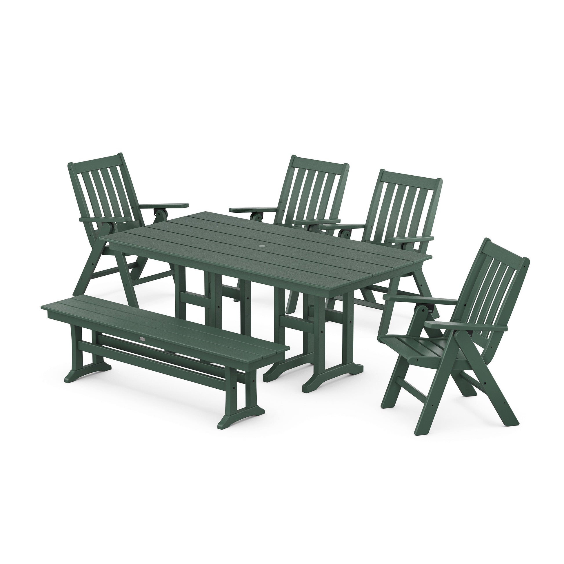 POLYWOOD Vineyard Folding Chair 6-Piece Farmhouse Dining Set with Bench — Green