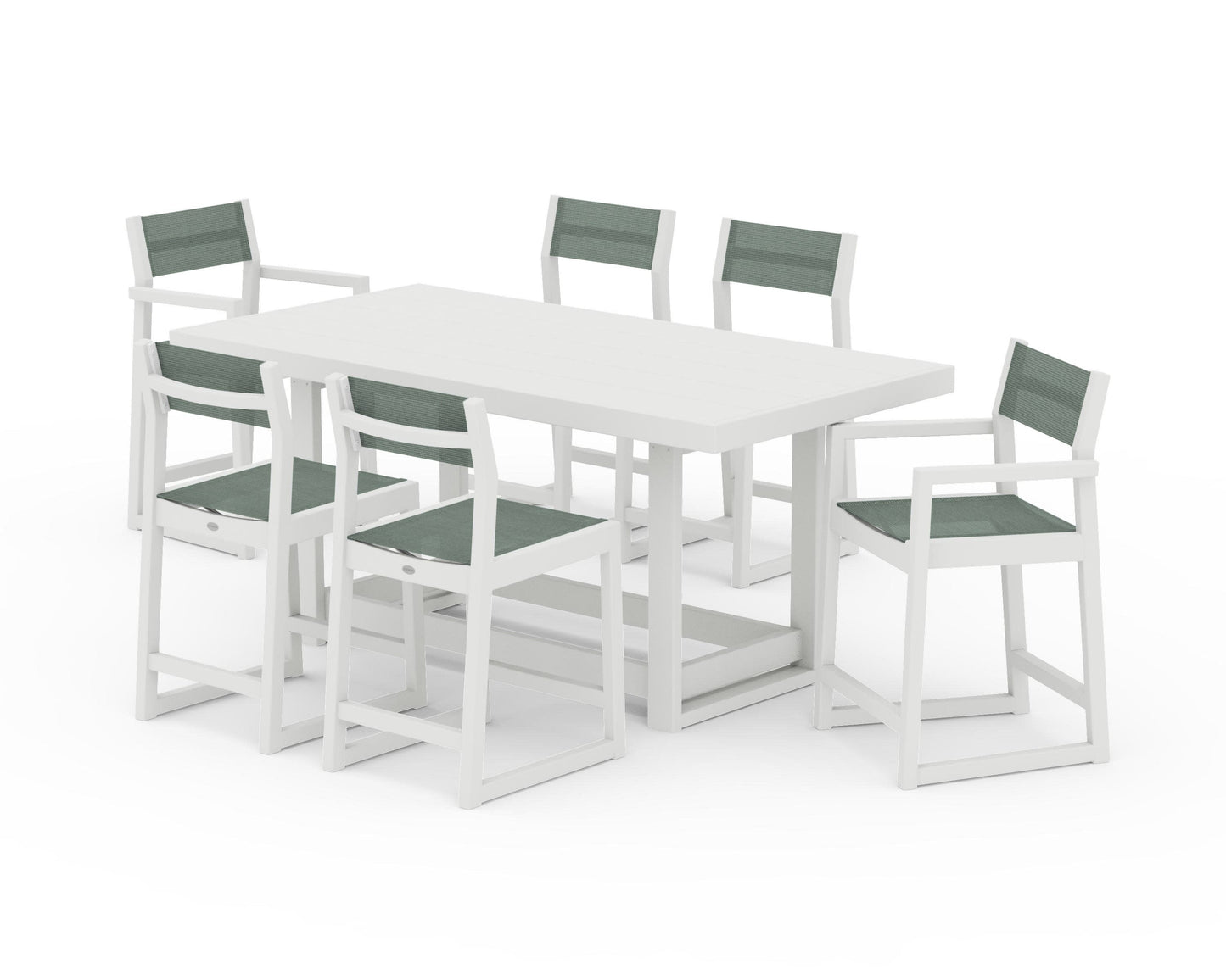 POLYWOOD EDGE Sling 7-Piece Counter Table Set — Vintage White / Dupioni Sea Mist Sling