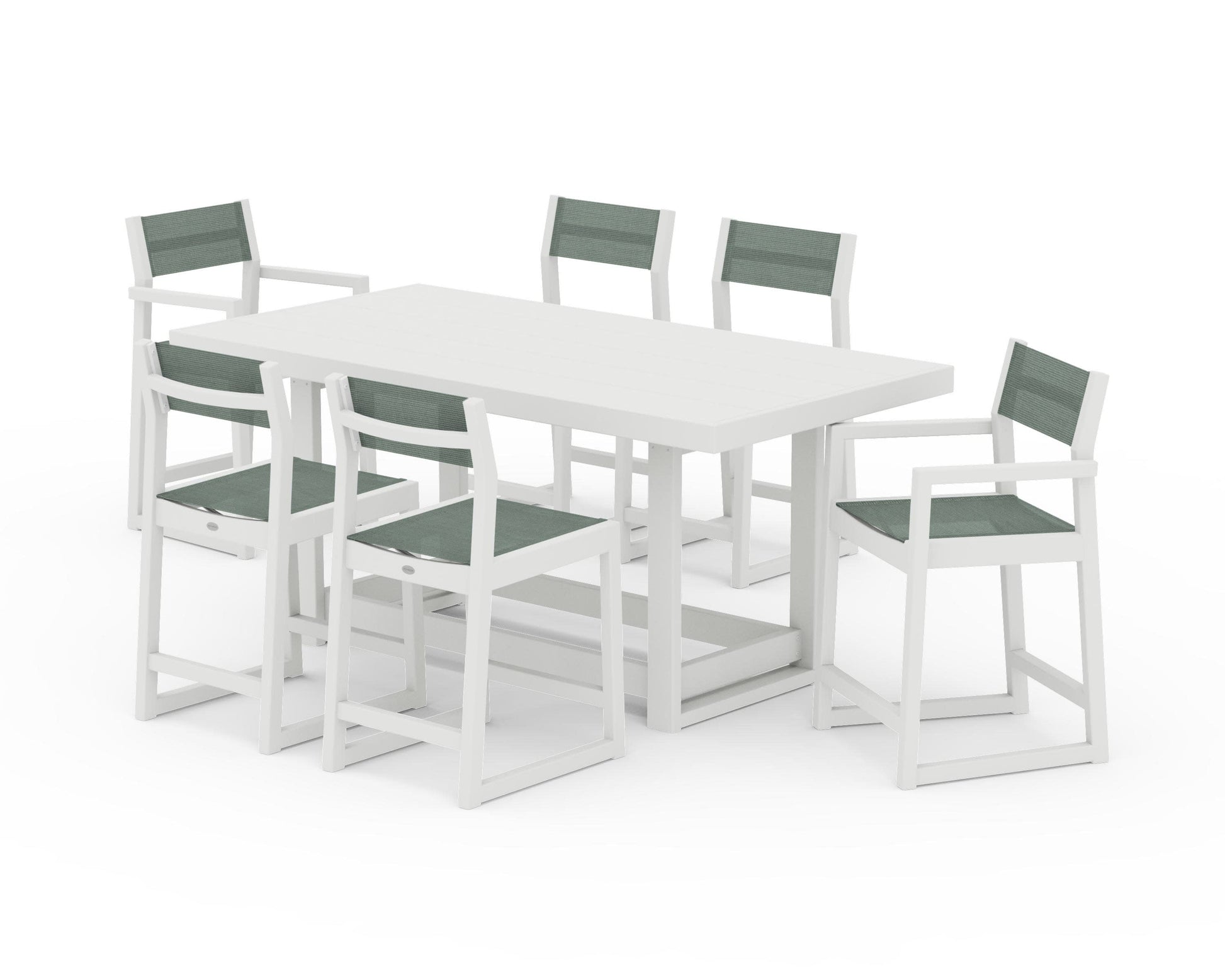 POLYWOOD EDGE Sling 7-Piece Counter Table Set — Vintage White / Dupioni Sea Mist Sling
