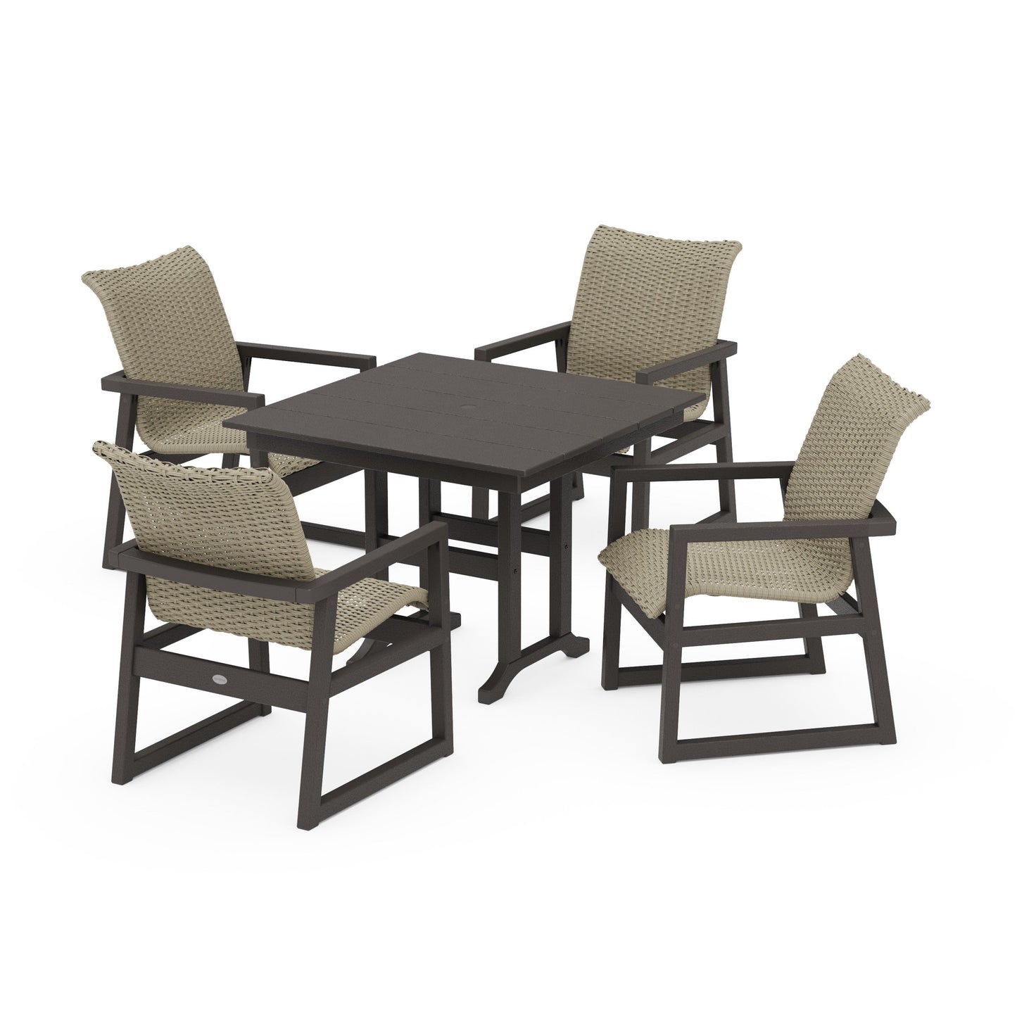 POLYWOOD EDGE Woven 5-Piece Farmhouse Dining Set — Vintage Coffee / Dune Grass