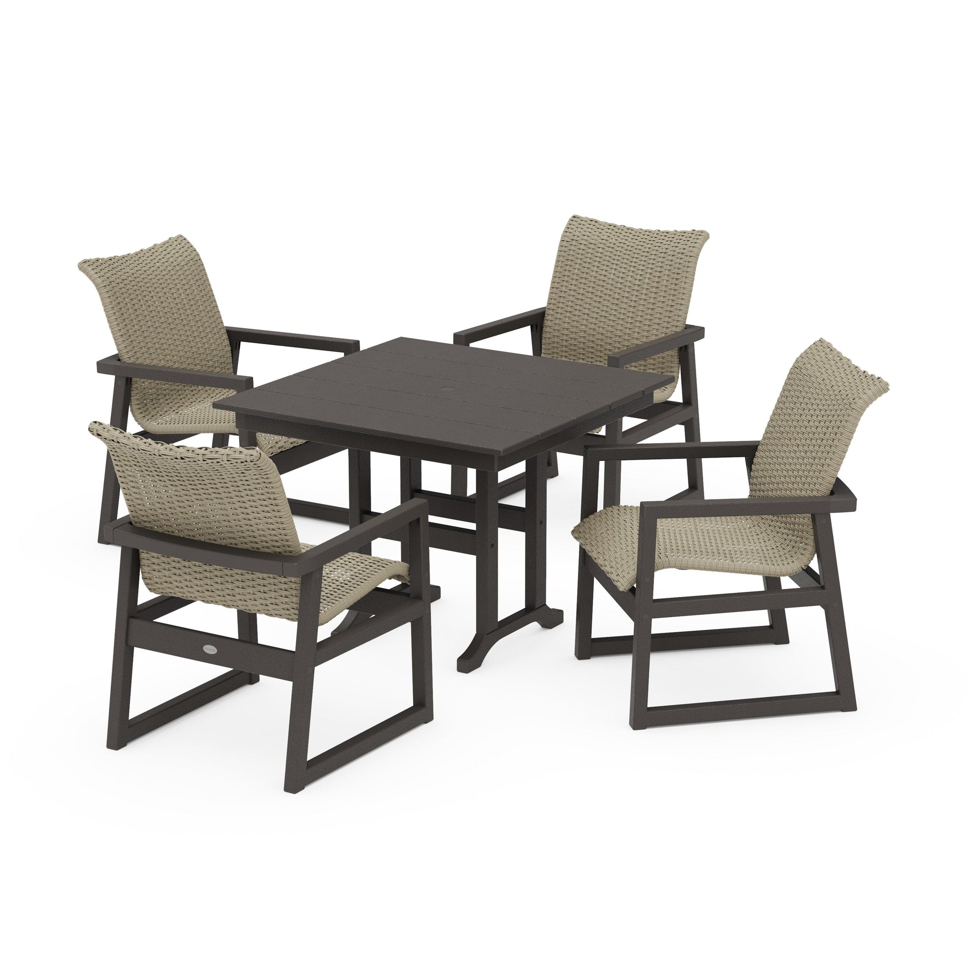 POLYWOOD EDGE Woven 5-Piece Farmhouse Dining Set — Vintage Coffee / Dune Grass