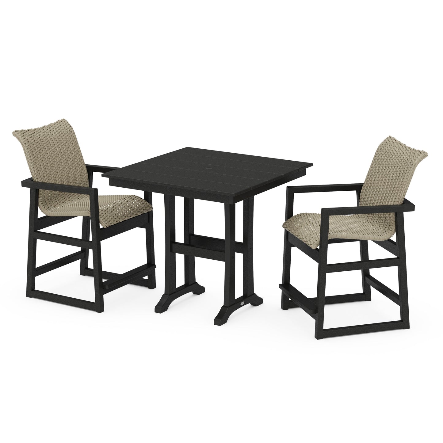 POLYWOOD EDGE Woven 3-Piece Farmhouse Counter Set with Trestle Legs — Black / Dune Grass