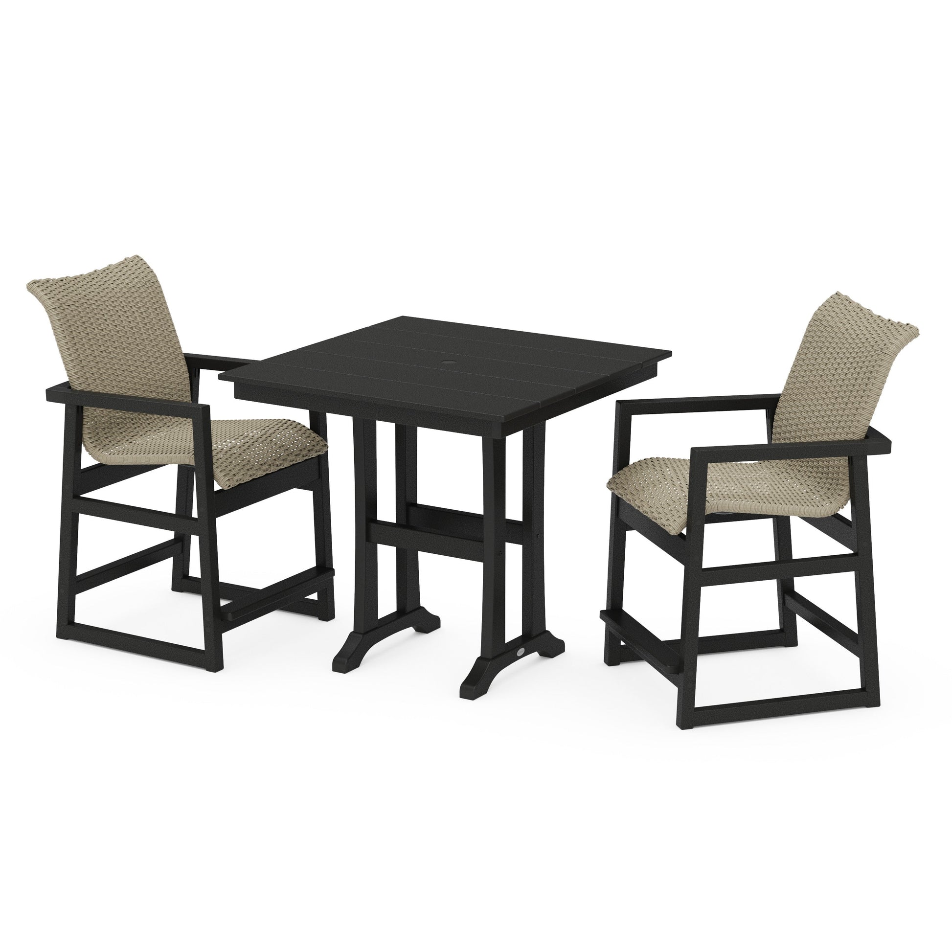 POLYWOOD EDGE Woven 3-Piece Farmhouse Counter Set with Trestle Legs — Black / Dune Grass