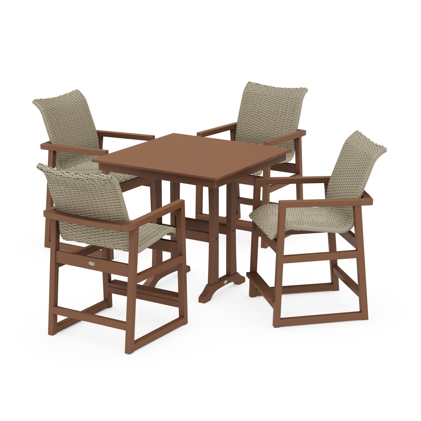 POLYWOOD EDGE Woven 5-Piece Farmhouse Counter Set with Trestle Legs — Teak / Dune Grass