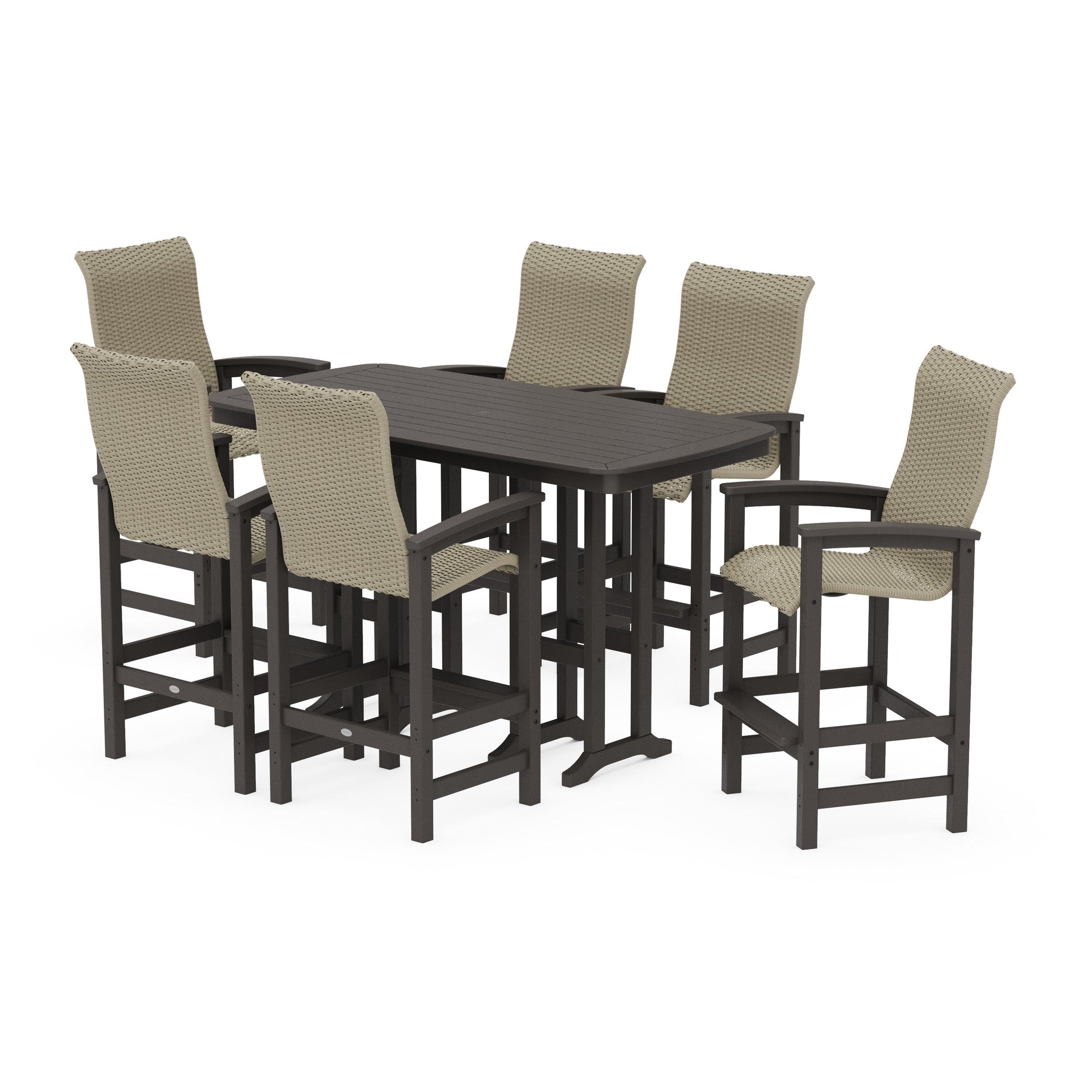 POLYWOOD Coastal Woven High-Back Arm Chair 7-Piece Bar Set — Vintage Coffee / Dune Grass