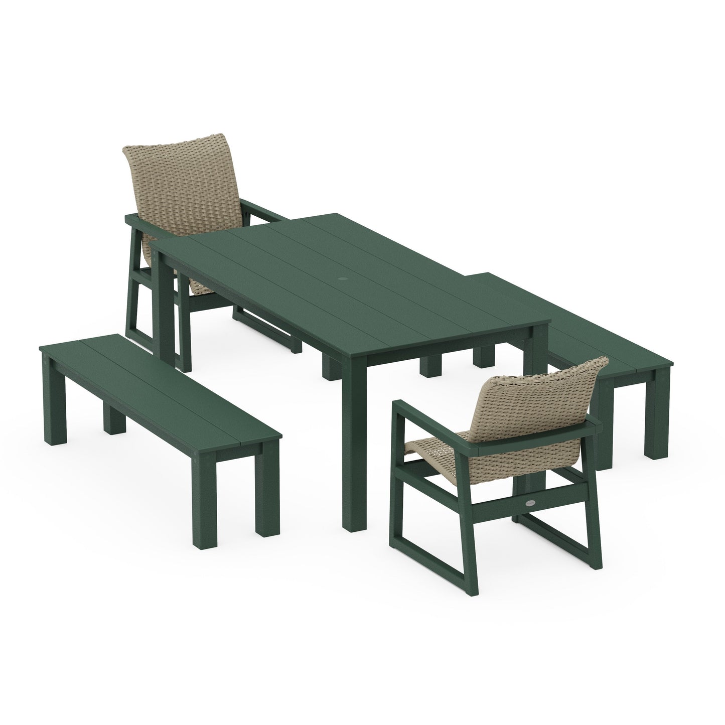 POLYWOOD EDGE Woven 5-Piece Parsons Dining Set with Benches — Green / Dune Grass