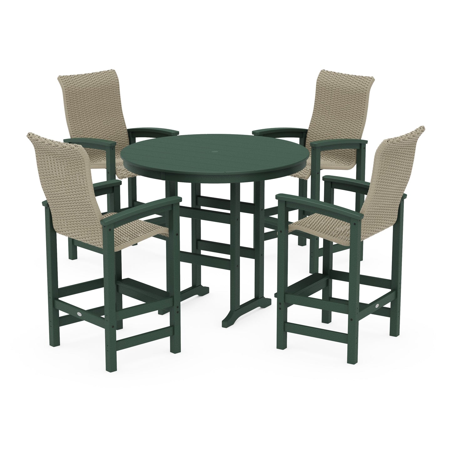 POLYWOOD Coastal Woven High-Back 5-Piece Round Farmhouse Bar Set — Green / Dune Grass