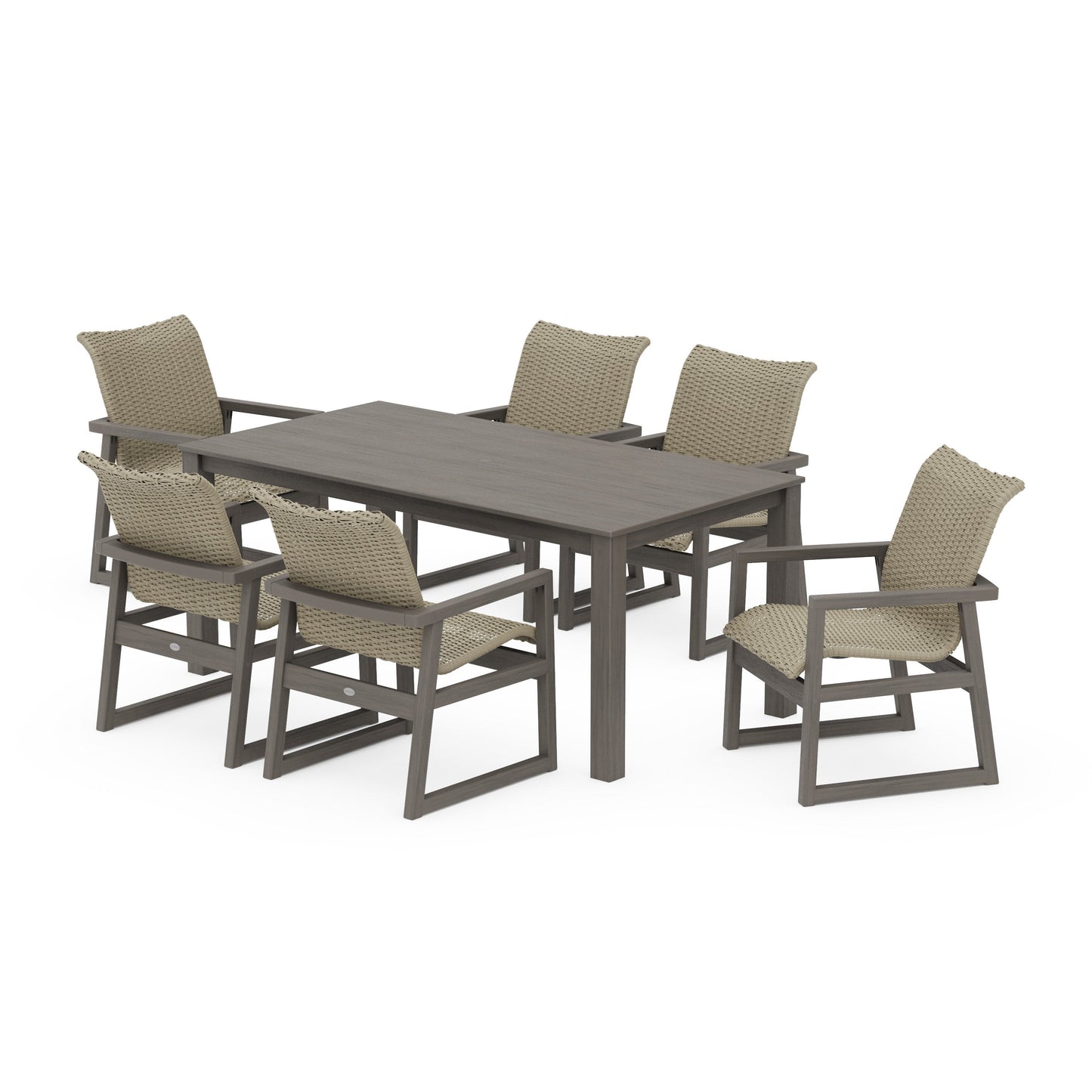 POLYWOOD EDGE Woven Arm Chair 7-Piece Parsons Dining Set — Driftwood / Dune Grass