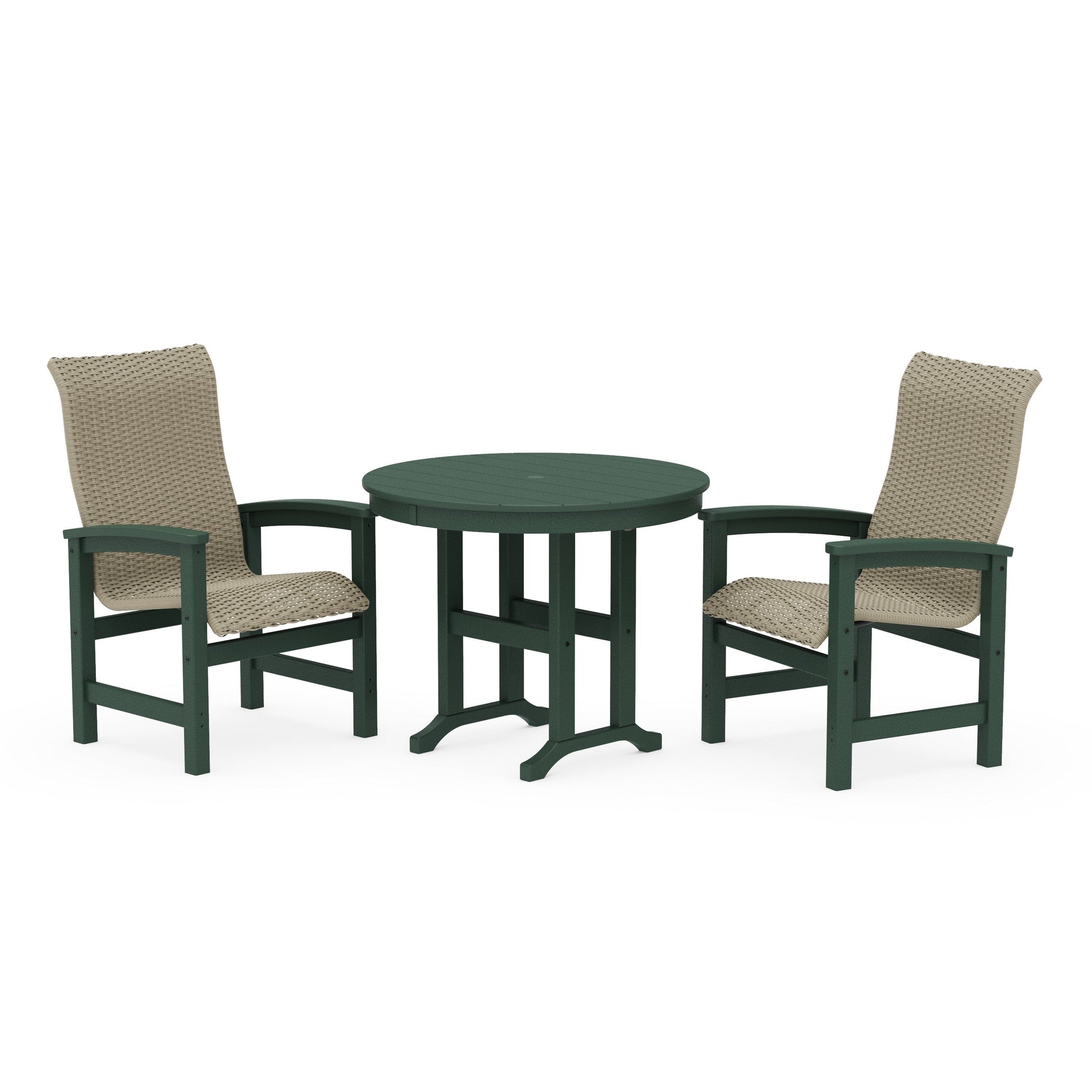 POLYWOOD Coastal Woven High-Back 3-Piece Farmhouse Dining Set — Green / Dune Grass