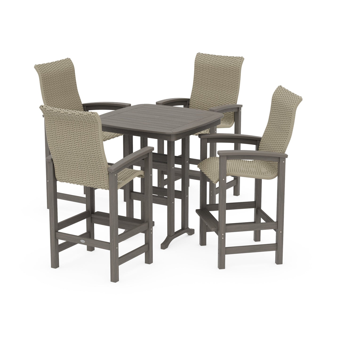 POLYWOOD Coastal Woven High-Back 5-Piece Bar Set — Driftwood / Dune Grass