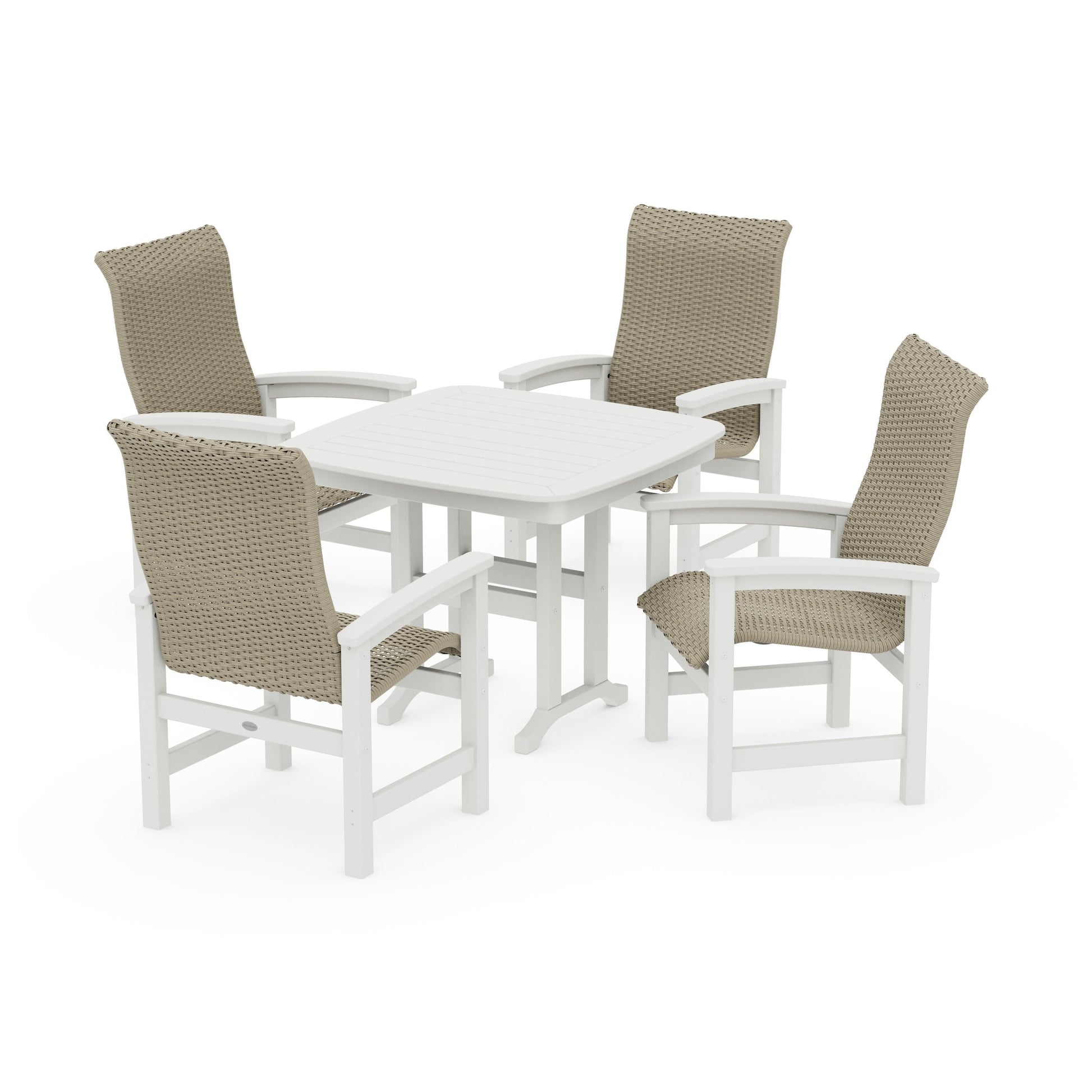 POLYWOOD Coastal Woven High-Back 5-Piece Dining Set — Vintage White / Dune Grass