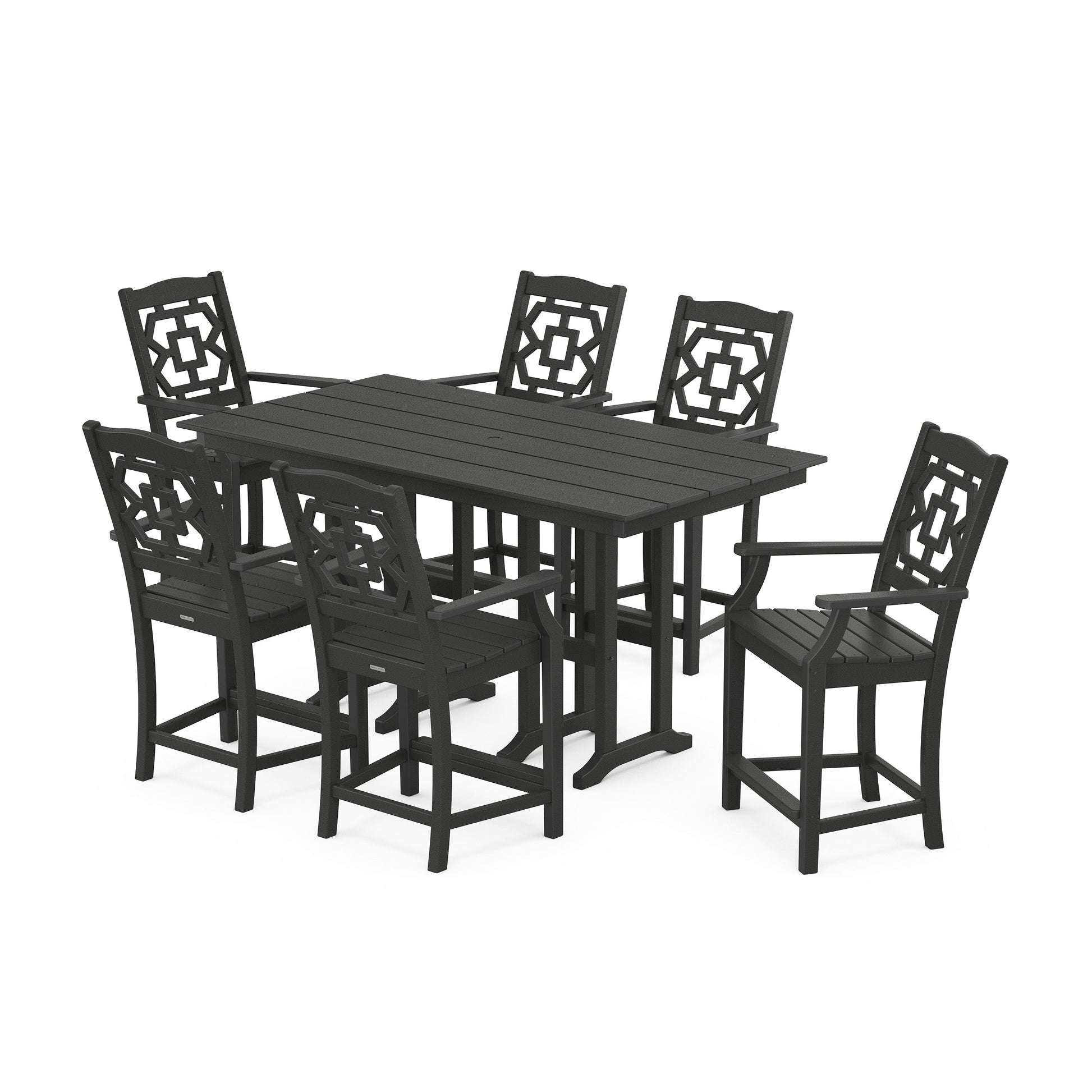 POLYWOOD Chinoiserie Arm Chair 7-Piece Farmhouse Counter Set — Black