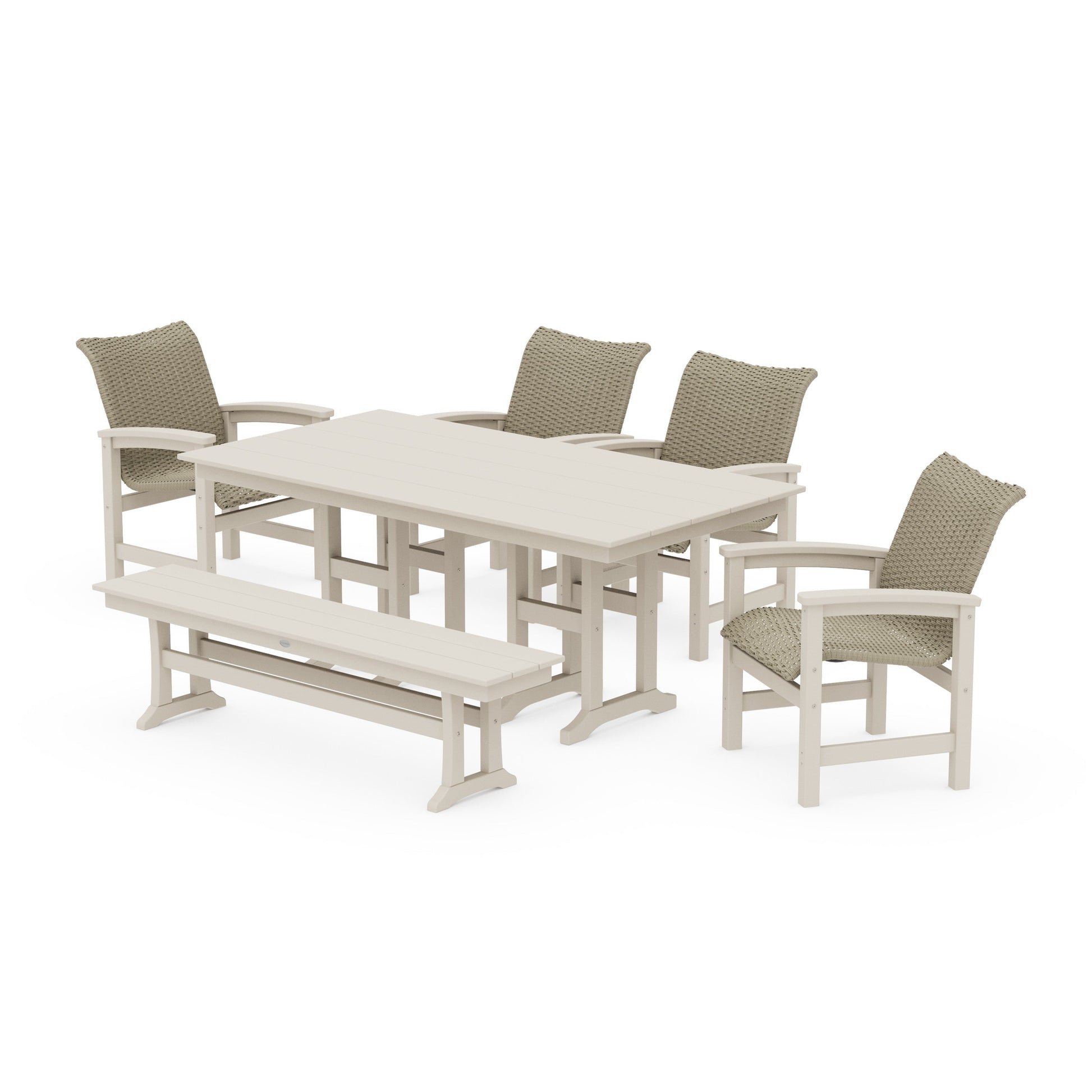 POLYWOOD Coastal Woven 6-Piece Farmhouse Dining Set with Bench — Sand / Dune Grass