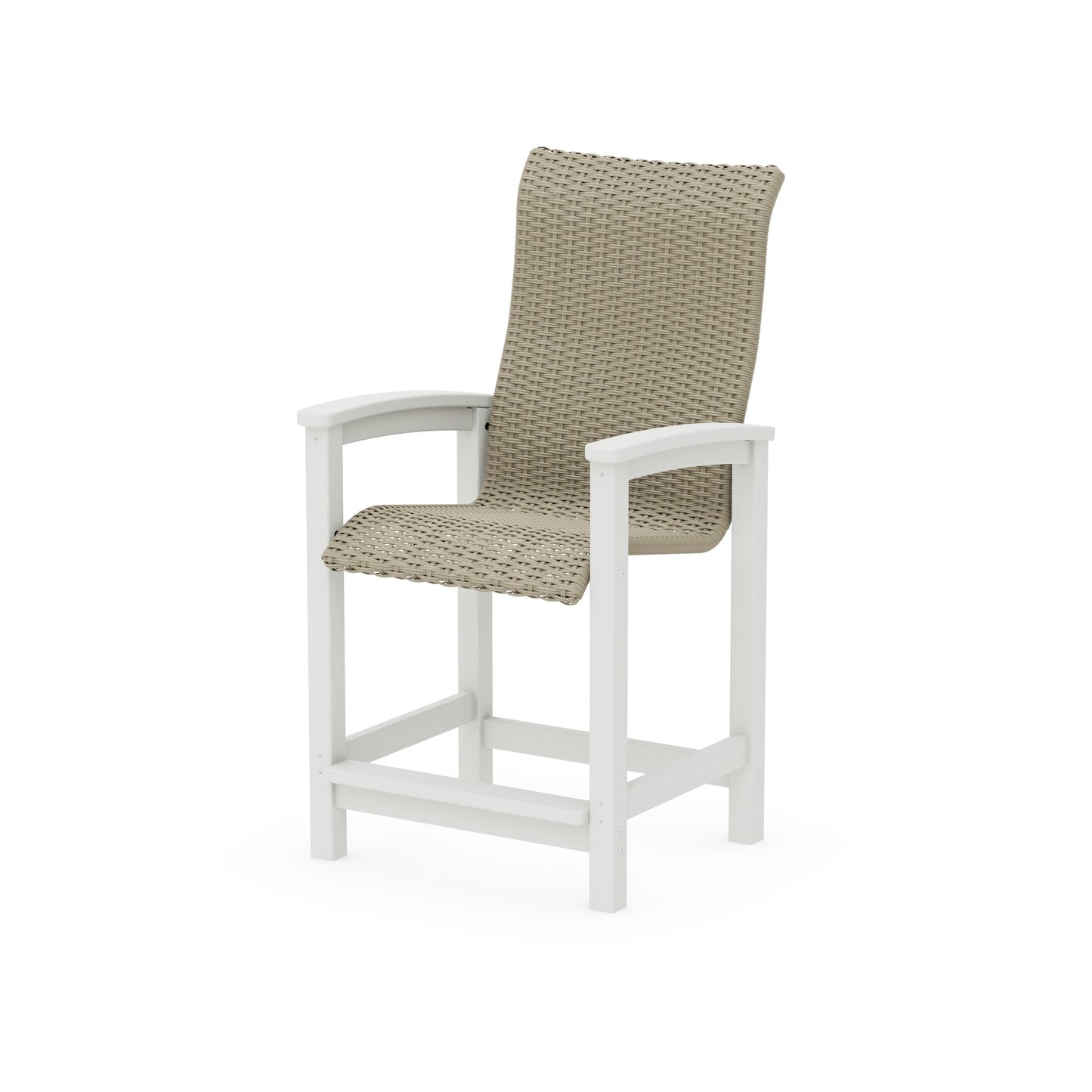 POLYWOOD Coastal Woven High-Back Counter Chair — Vintage White / Dune Grass