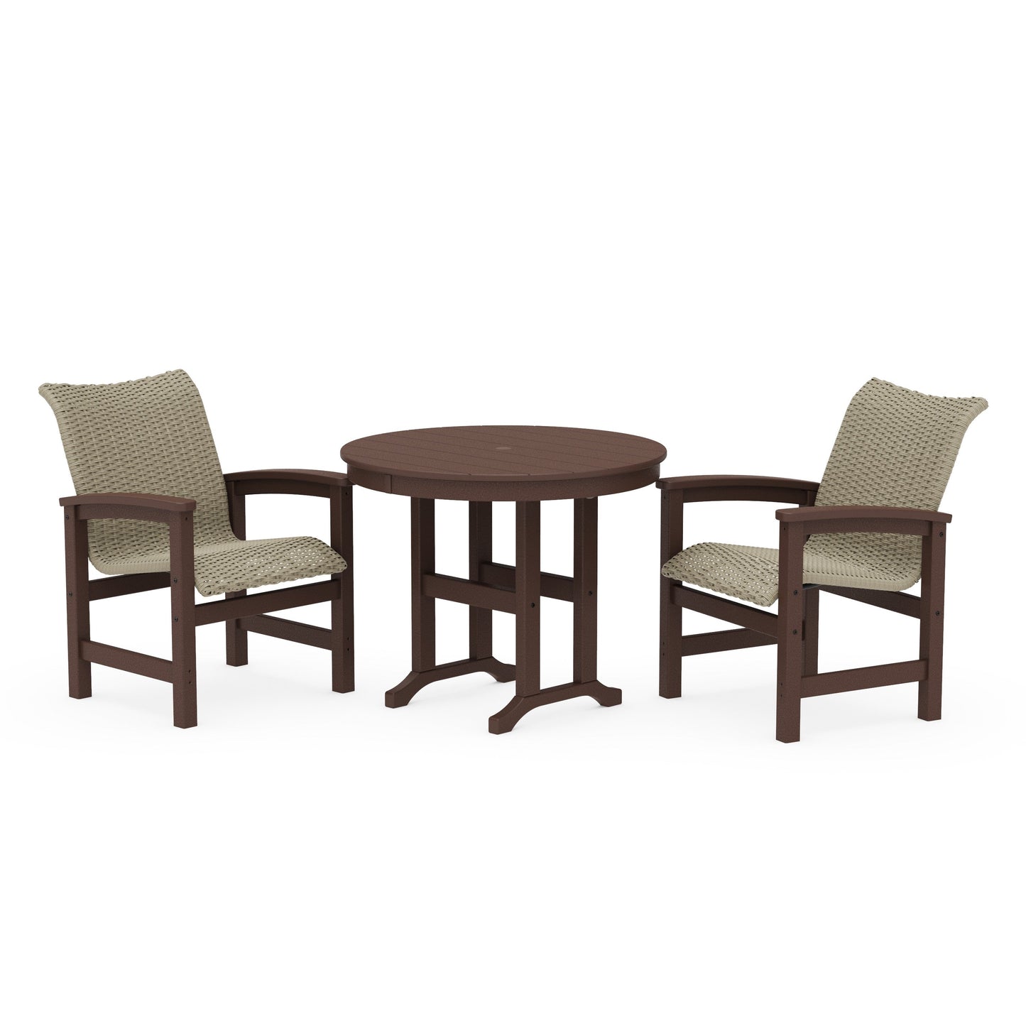POLYWOOD Coastal Woven 3-Piece Farmhouse Dining Set — Mahogany / Dune Grass