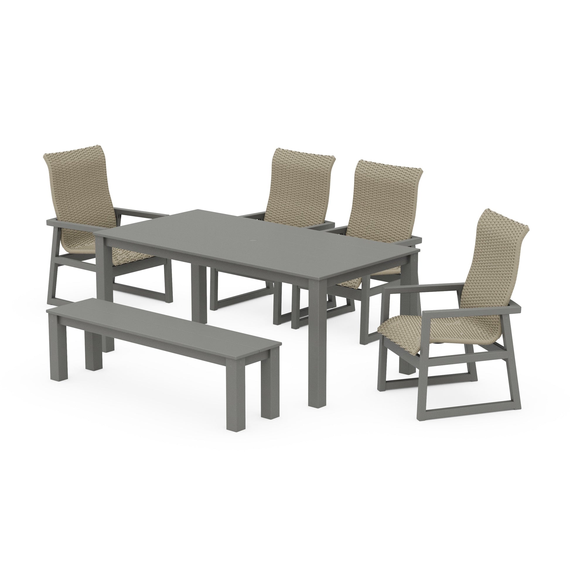 POLYWOOD EDGE Woven Highback 6-Piece Parsons Dining Set with Bench — Slate Grey / Dune Grass