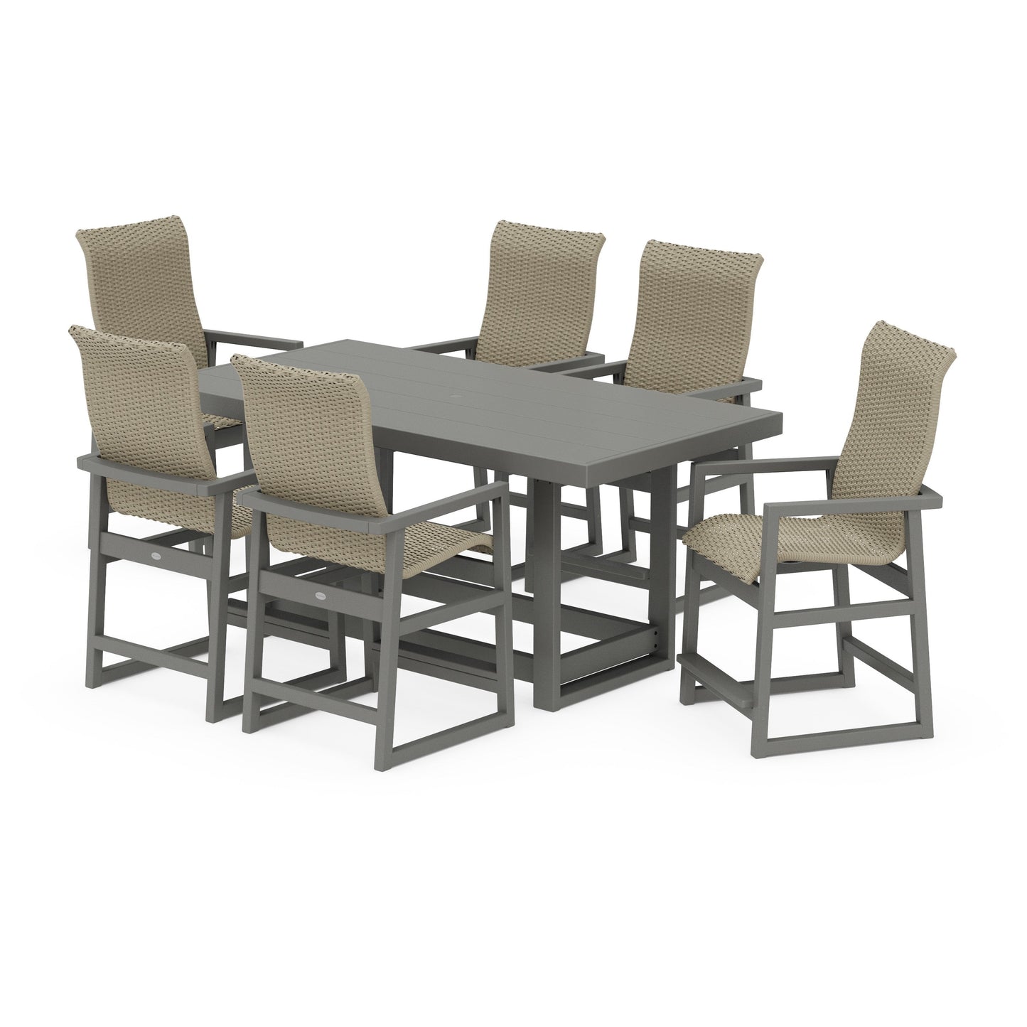 POLYWOOD EDGE Woven Highback Arm Chair 7-Piece Counter Set — Slate Grey / Dune Grass