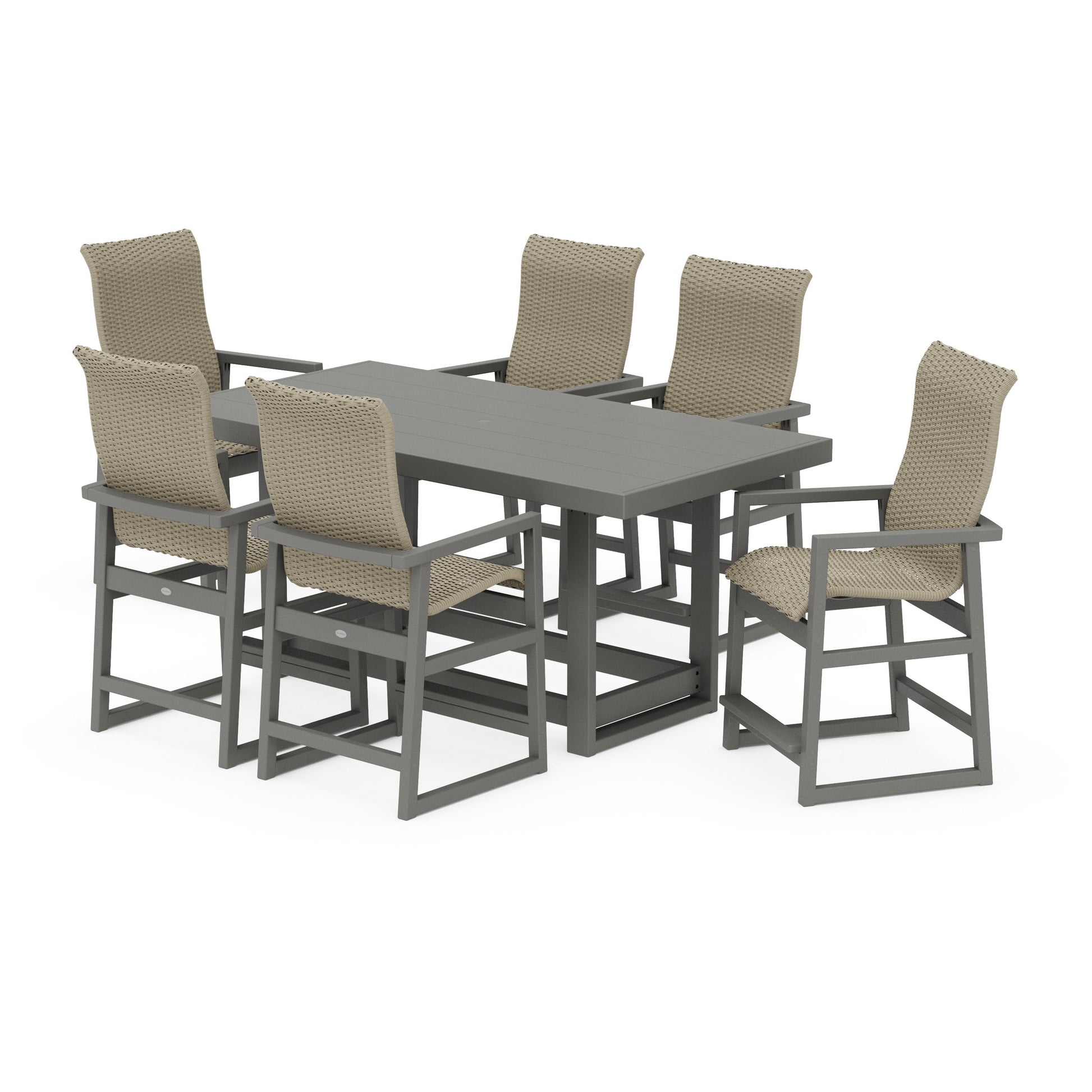 POLYWOOD EDGE Woven Highback Arm Chair 7-Piece Counter Set — Slate Grey / Dune Grass