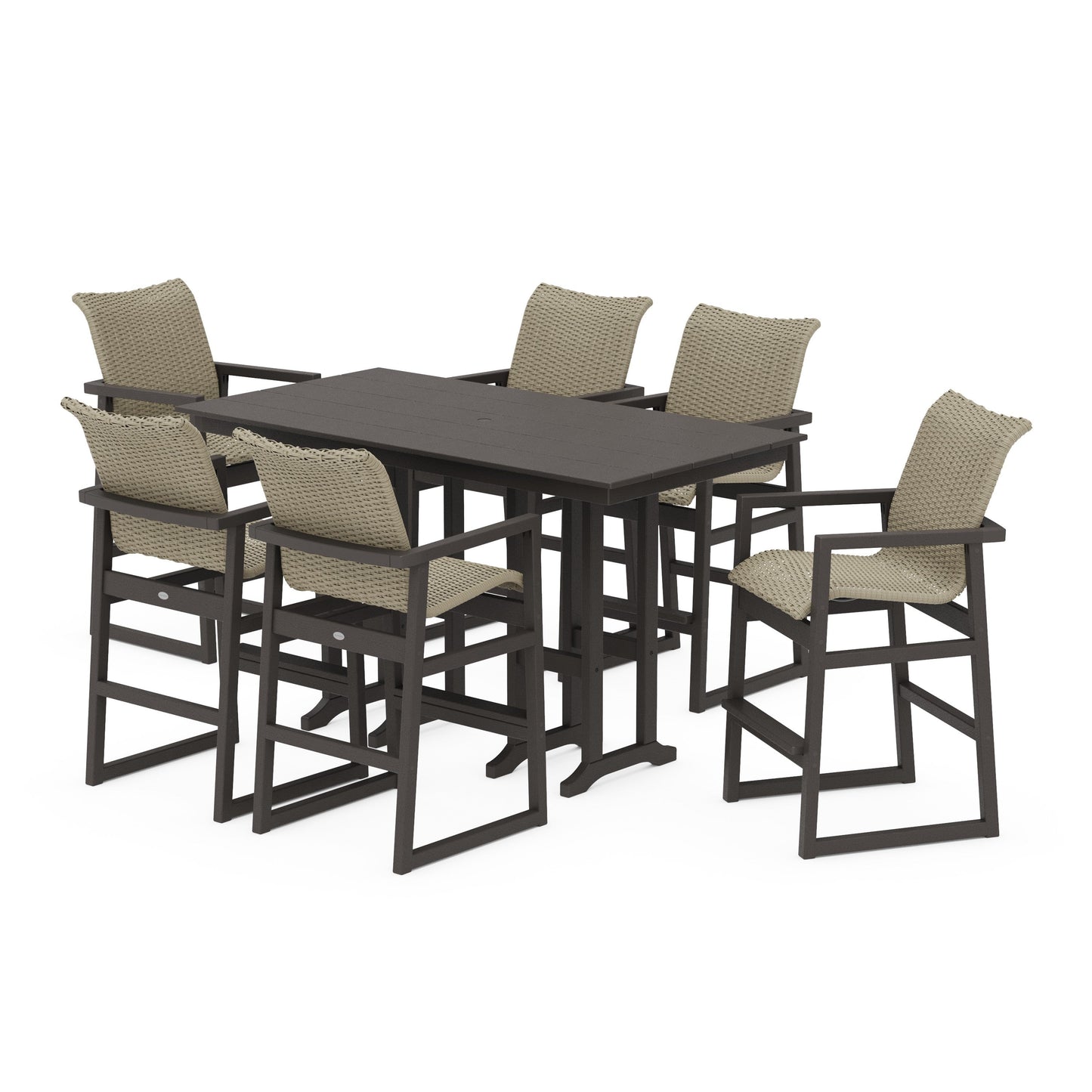 POLYWOOD EDGE Woven Arm Chair 7-Piece Farmhouse Bar Set — Vintage Coffee / Dune Grass