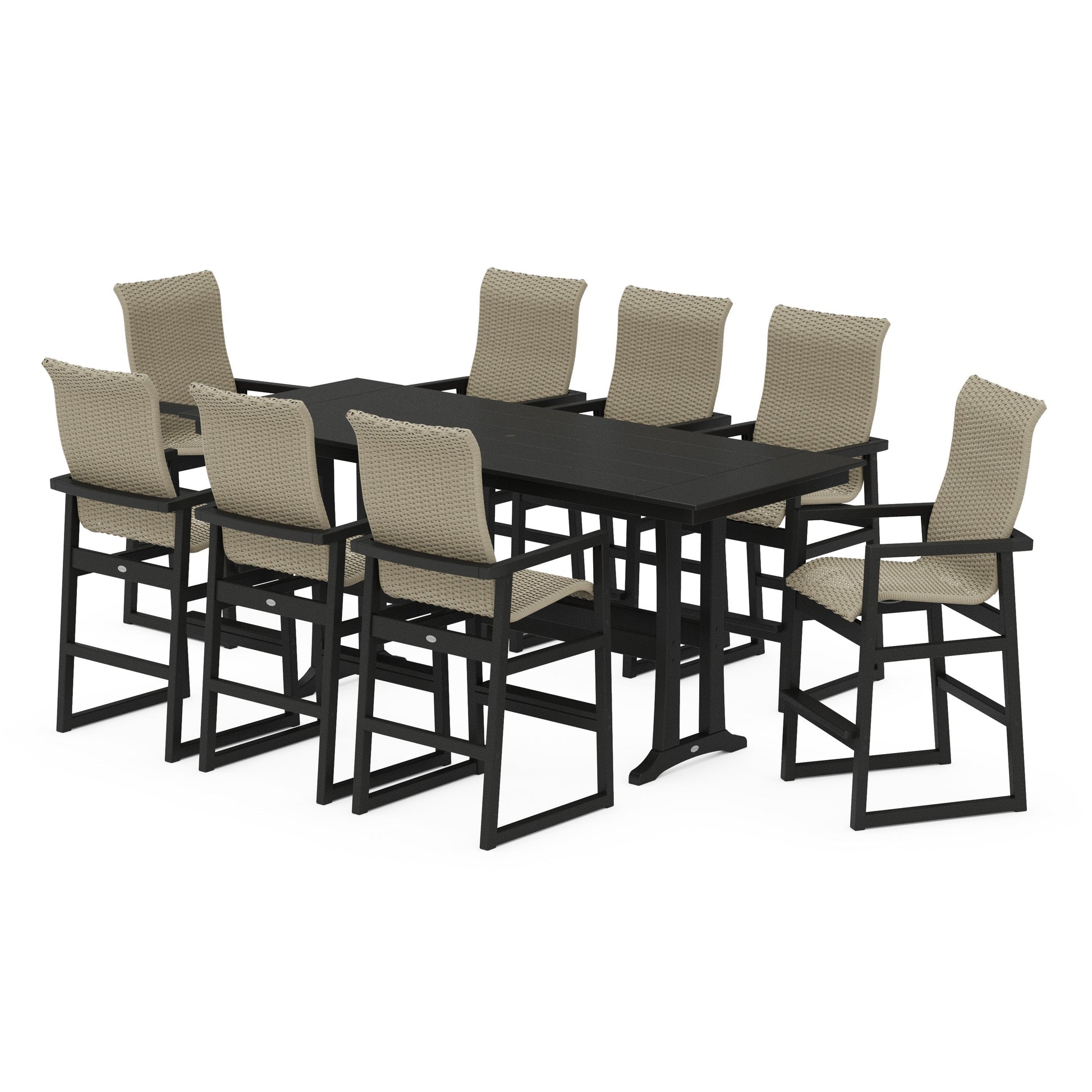 POLYWOOD EDGE Woven Highback 9-Piece Farmhouse Bar Set with Trestle Legs — Black / Dune Grass