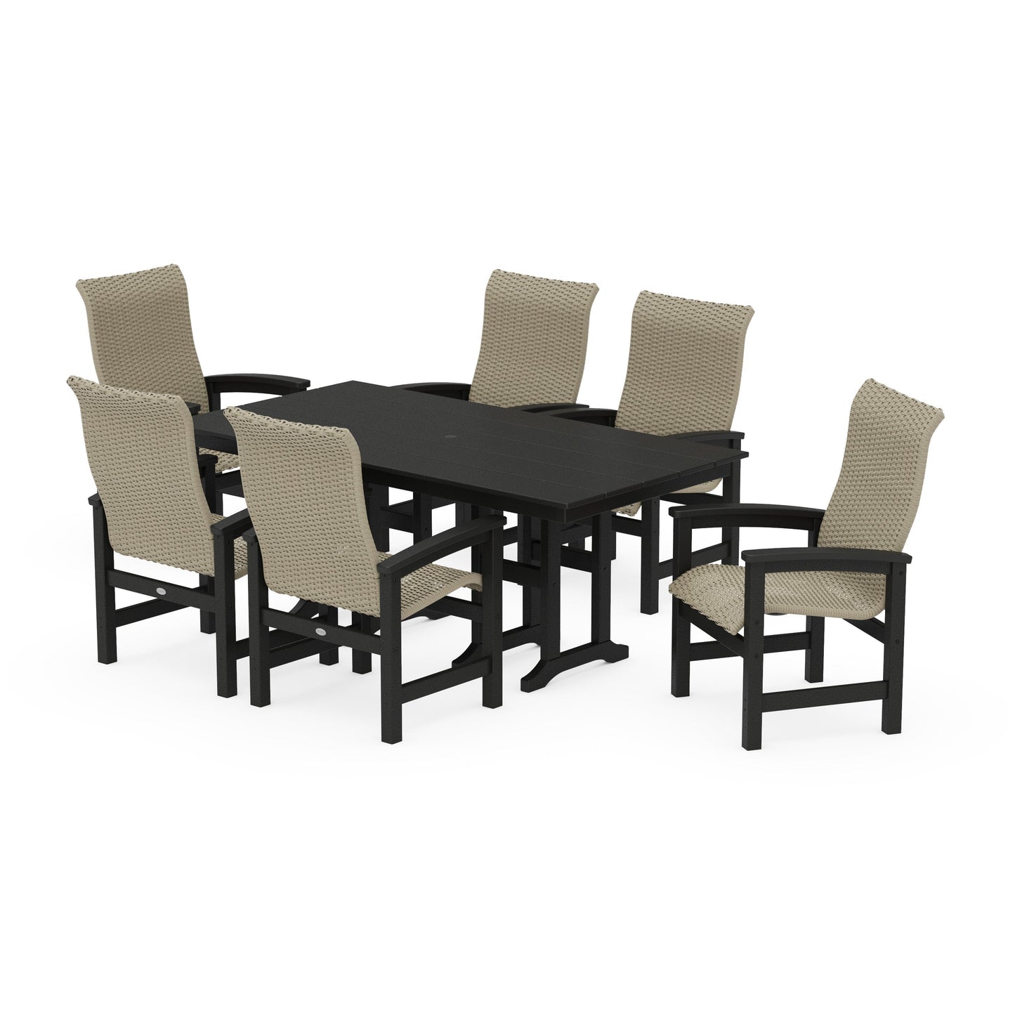 POLYWOOD Coastal Woven High-Back Arm Chair 7-Piece Farmhouse Dining Set — Black / Dune Grass