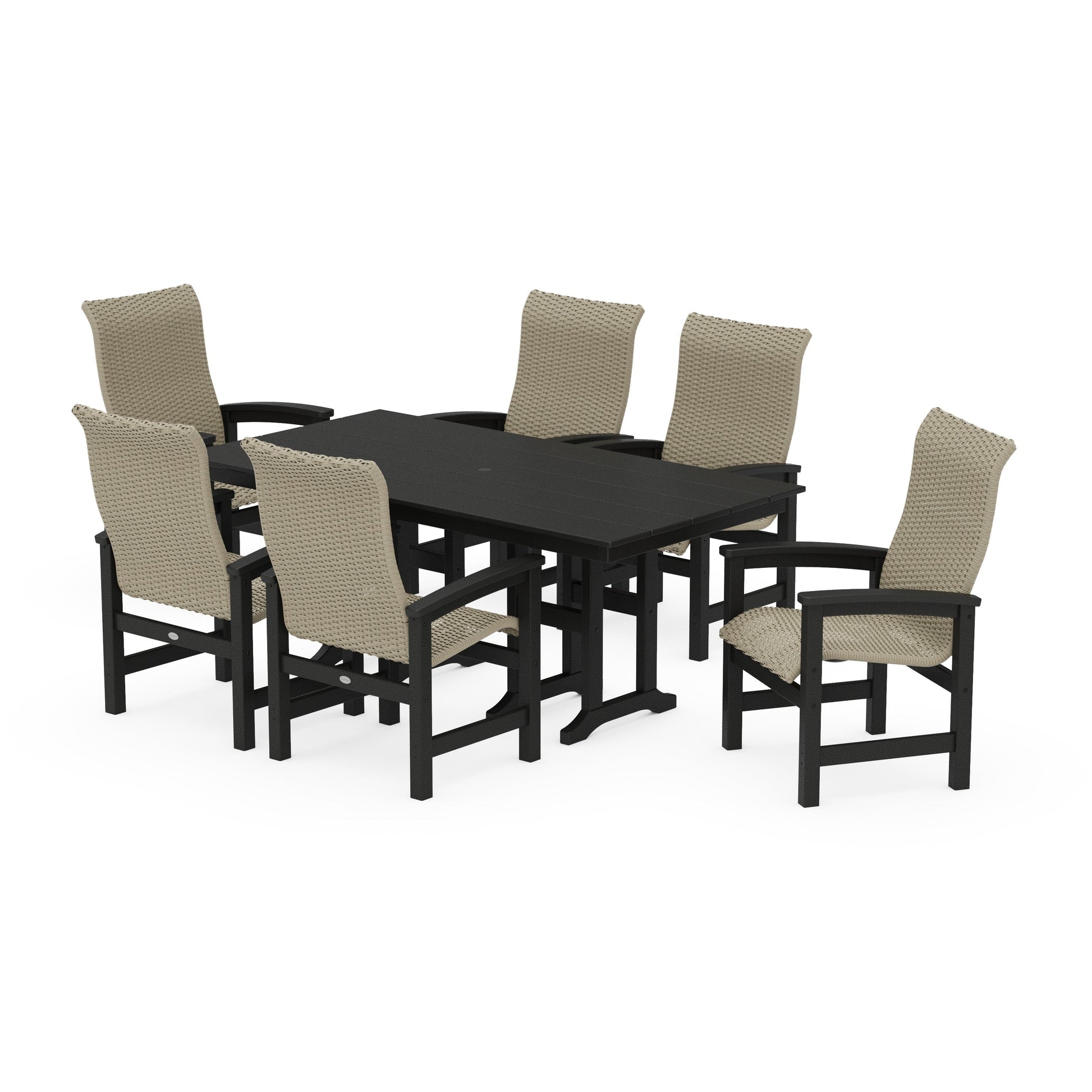 POLYWOOD Coastal Woven High-Back Arm Chair 7-Piece Farmhouse Dining Set — Black / Dune Grass