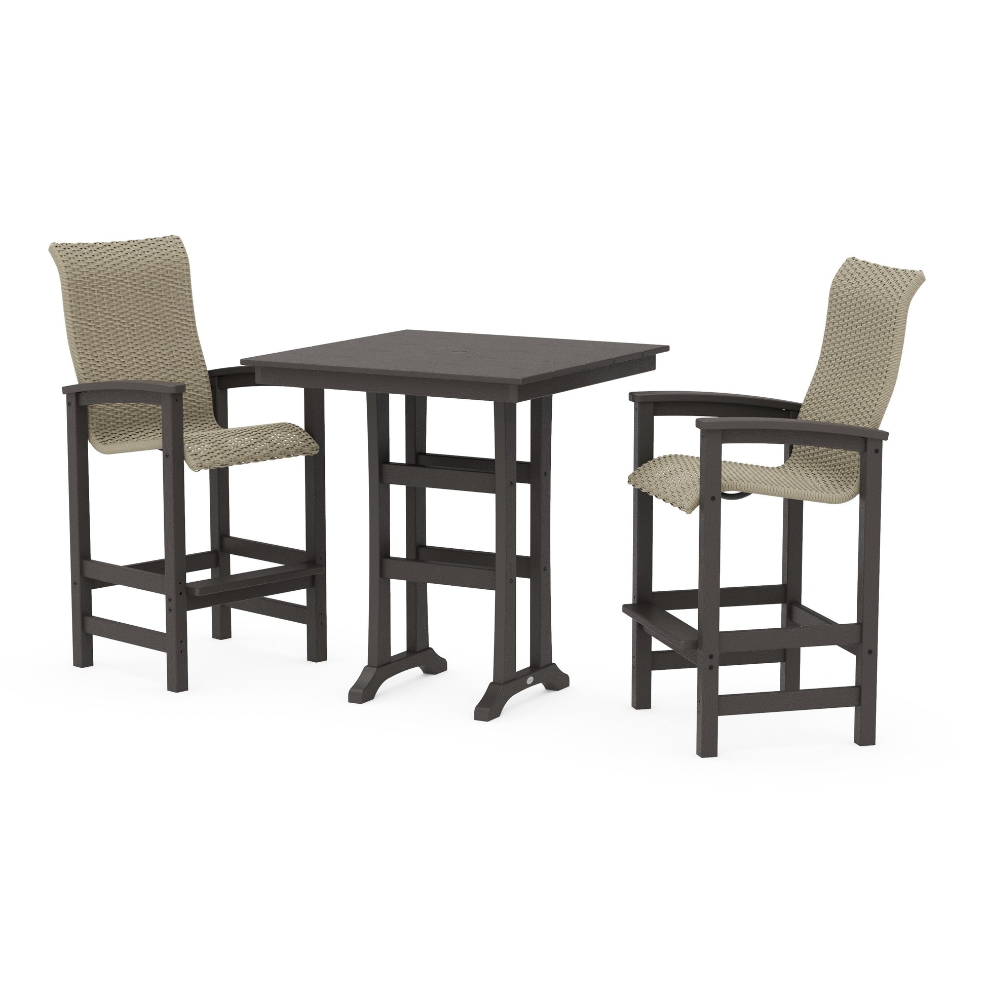 POLYWOOD Coastal Woven High-Back 3-Piece Farmhouse Bar Set with Trestle Legs — Vintage Coffee / Dune Grass