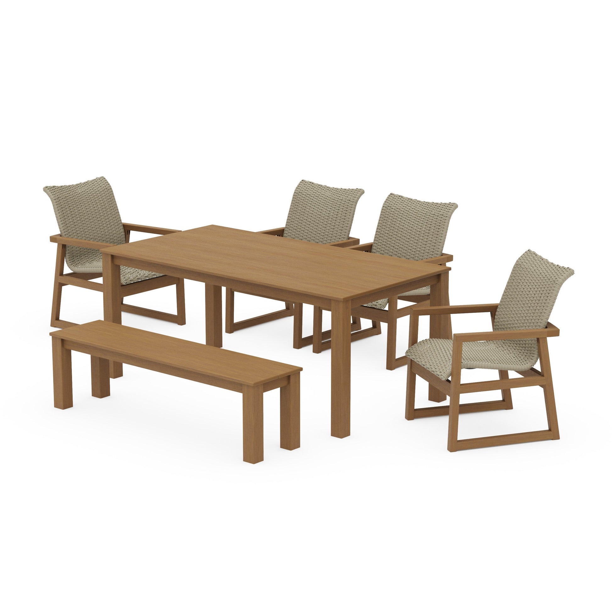 POLYWOOD EDGE Woven 6-Piece Parsons Dining Set with Bench — Natural / Dune Grass