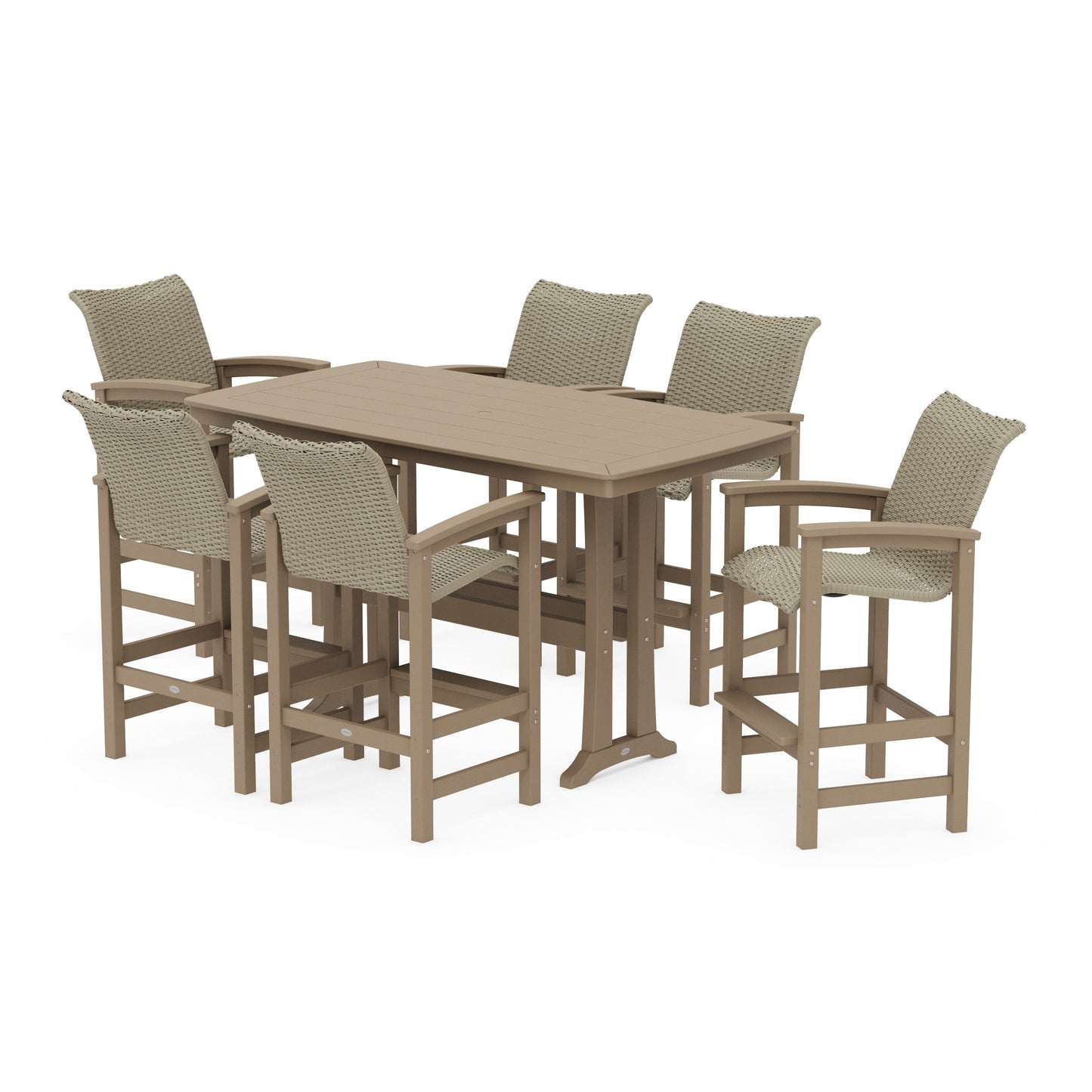 POLYWOOD Coastal Woven Arm Chair 7-Piece Bar Set with Trestle Legs — Vintage Sahara / Dune Grass