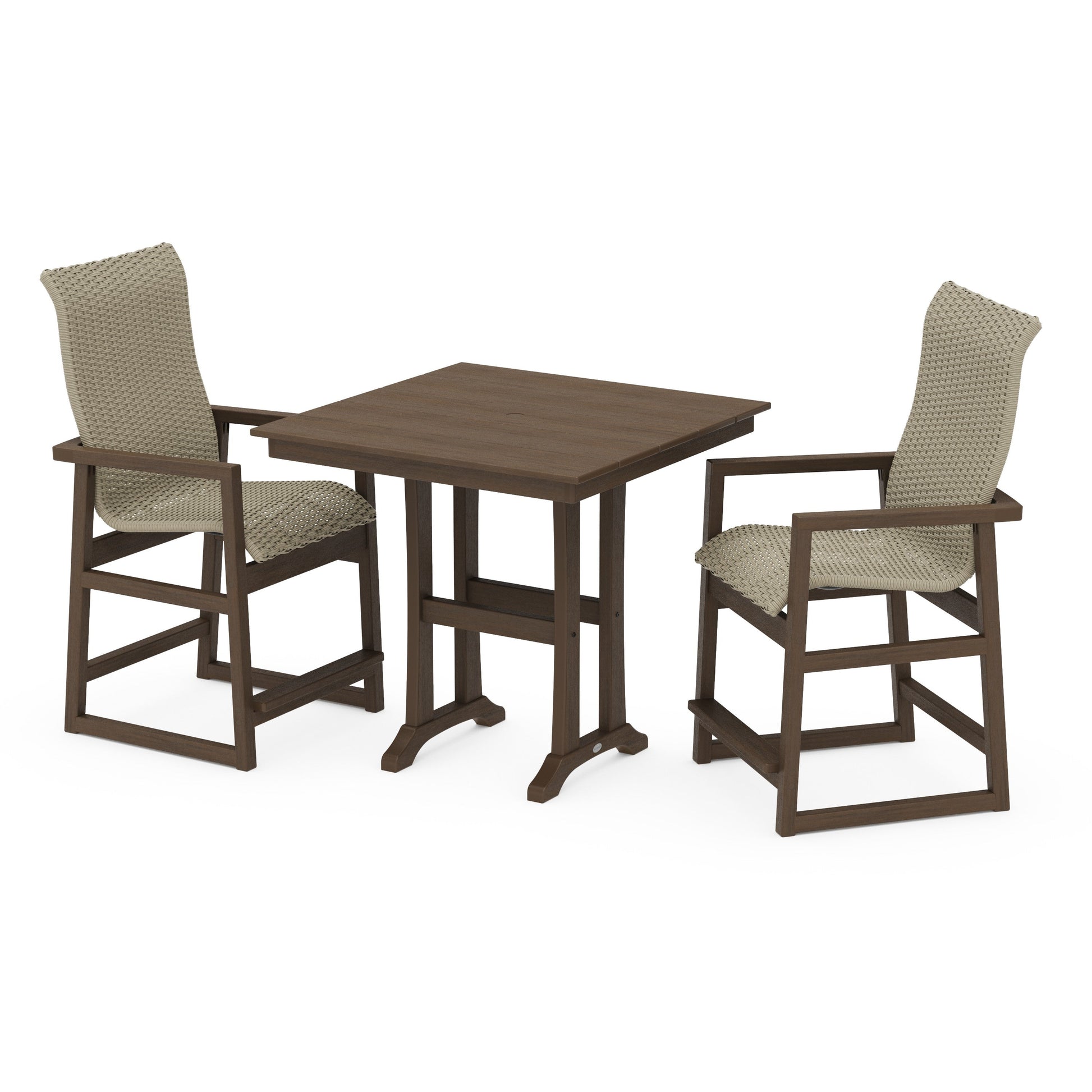 POLYWOOD EDGE Woven Highback 3-Piece Farmhouse Counter Set with Trestle Legs — Kona / Dune Grass