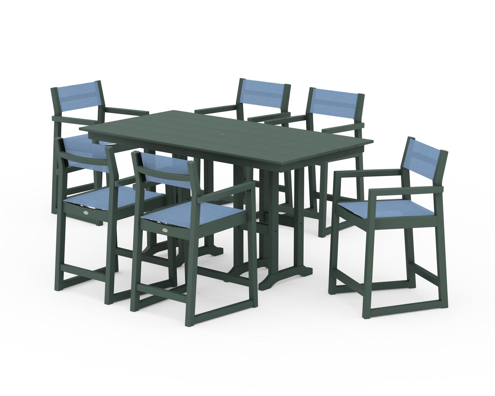 POLYWOOD EDGE Sling Arm Chair 7-Piece Farmhouse Counter Set — Green / Poolside Sling
