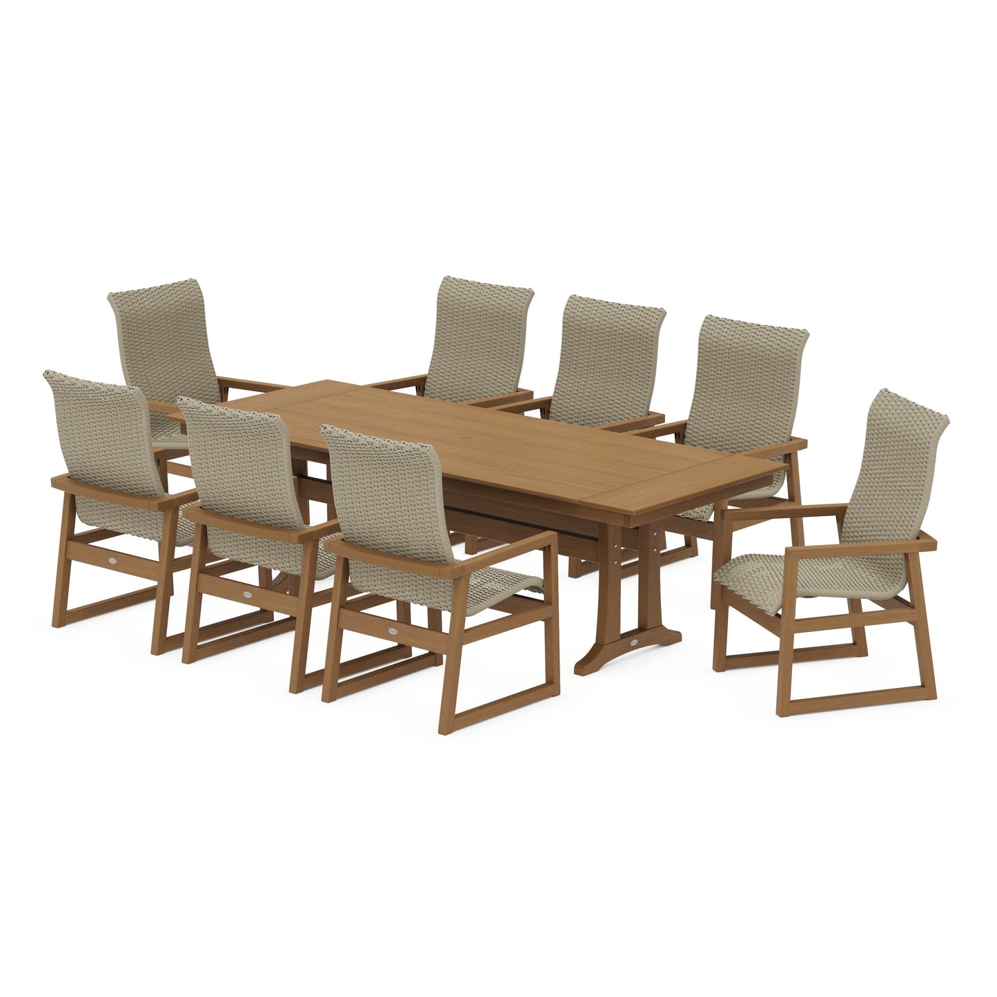 POLYWOOD EDGE Woven Highback 9-Piece Farmhouse Dining Set with Trestle Legs — Natural / Dune Grass