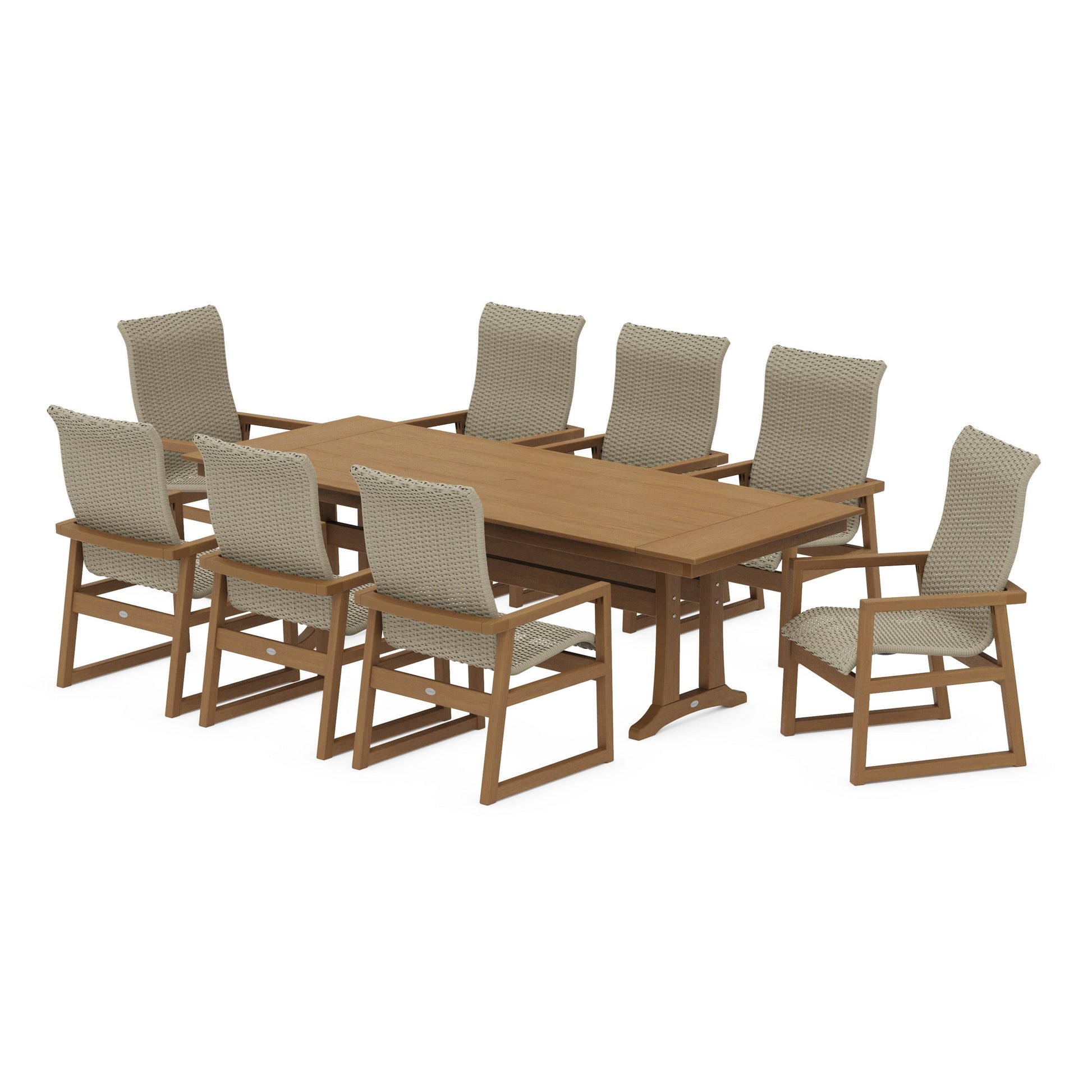 POLYWOOD EDGE Woven Highback 9-Piece Farmhouse Dining Set with Trestle Legs — Natural / Dune Grass