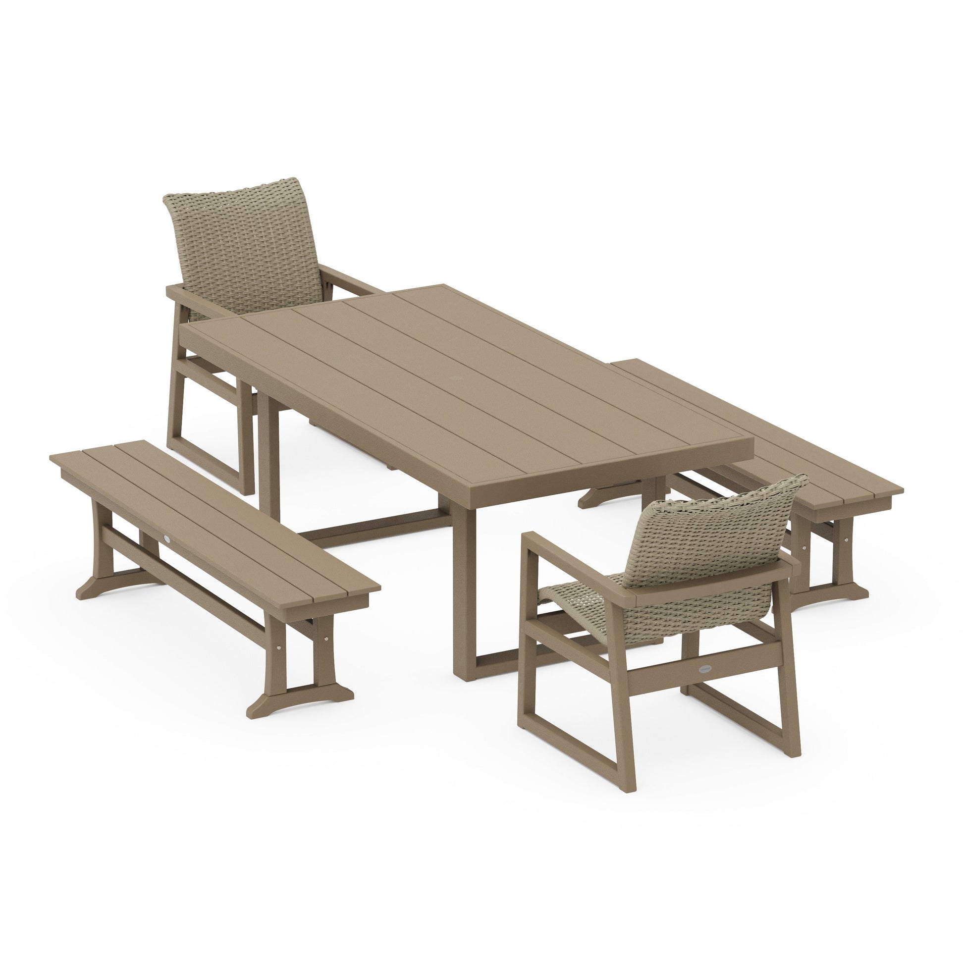 POLYWOOD EDGE Woven 5-Piece Dining Set with Benches — Vintage Sahara / Dune Grass