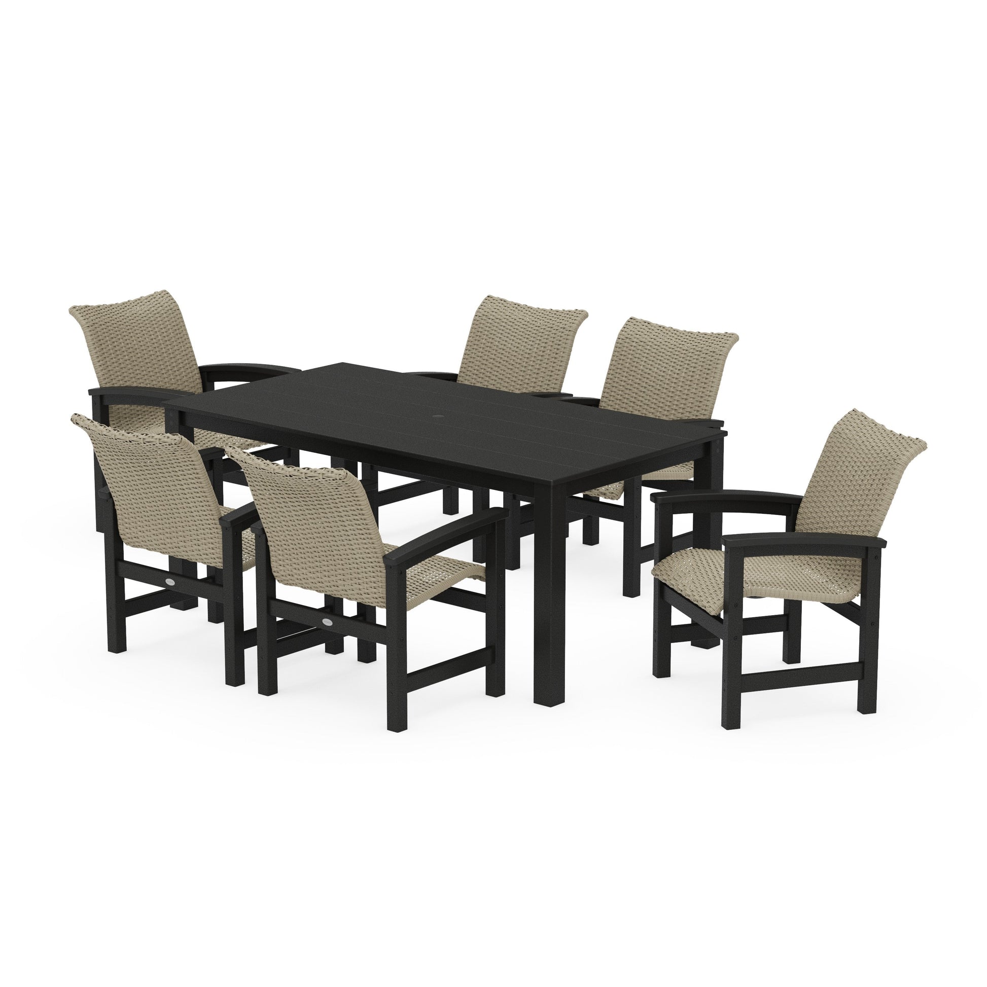 POLYWOOD Coastal Woven Arm Chair 7-Piece Parsons Dining Set — Black / Dune Grass
