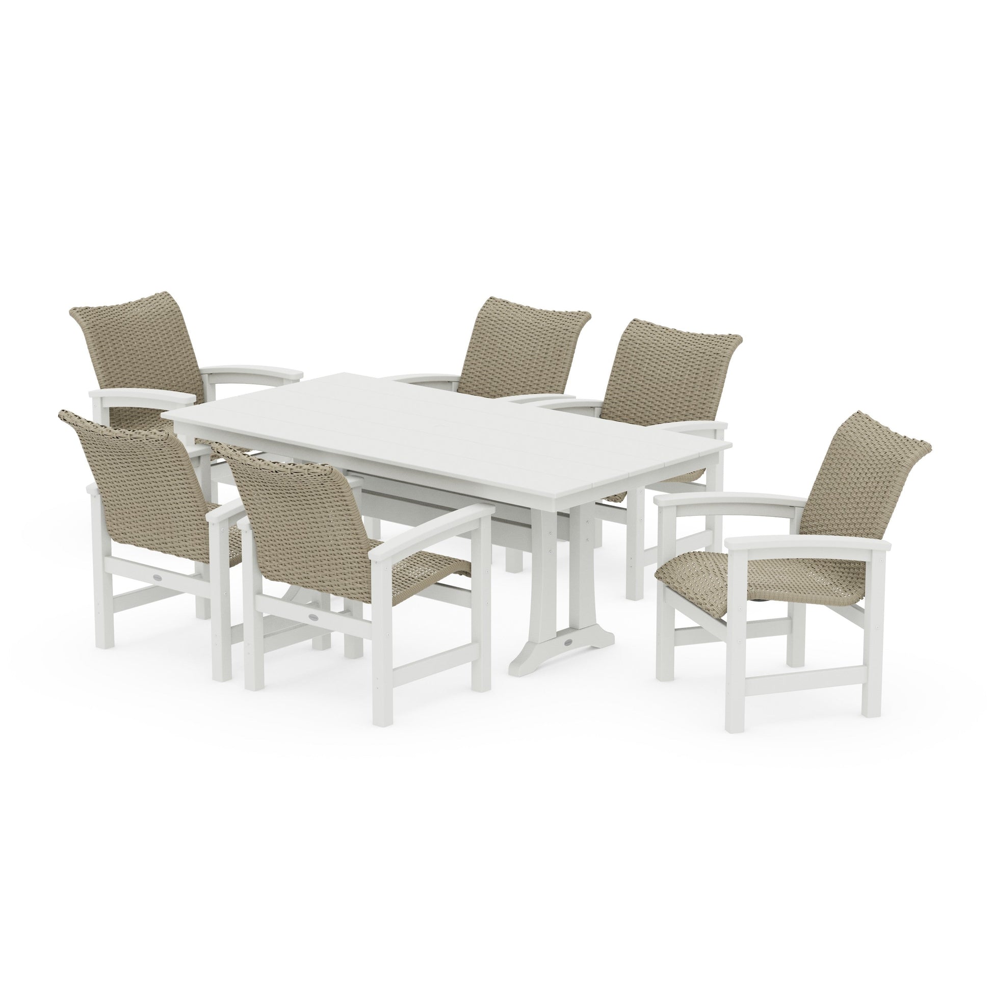 POLYWOOD Coastal Woven Arm Chair 7-Piece Farmhouse Dining Set with Trestle Legs — Vintage White / Dune Grass