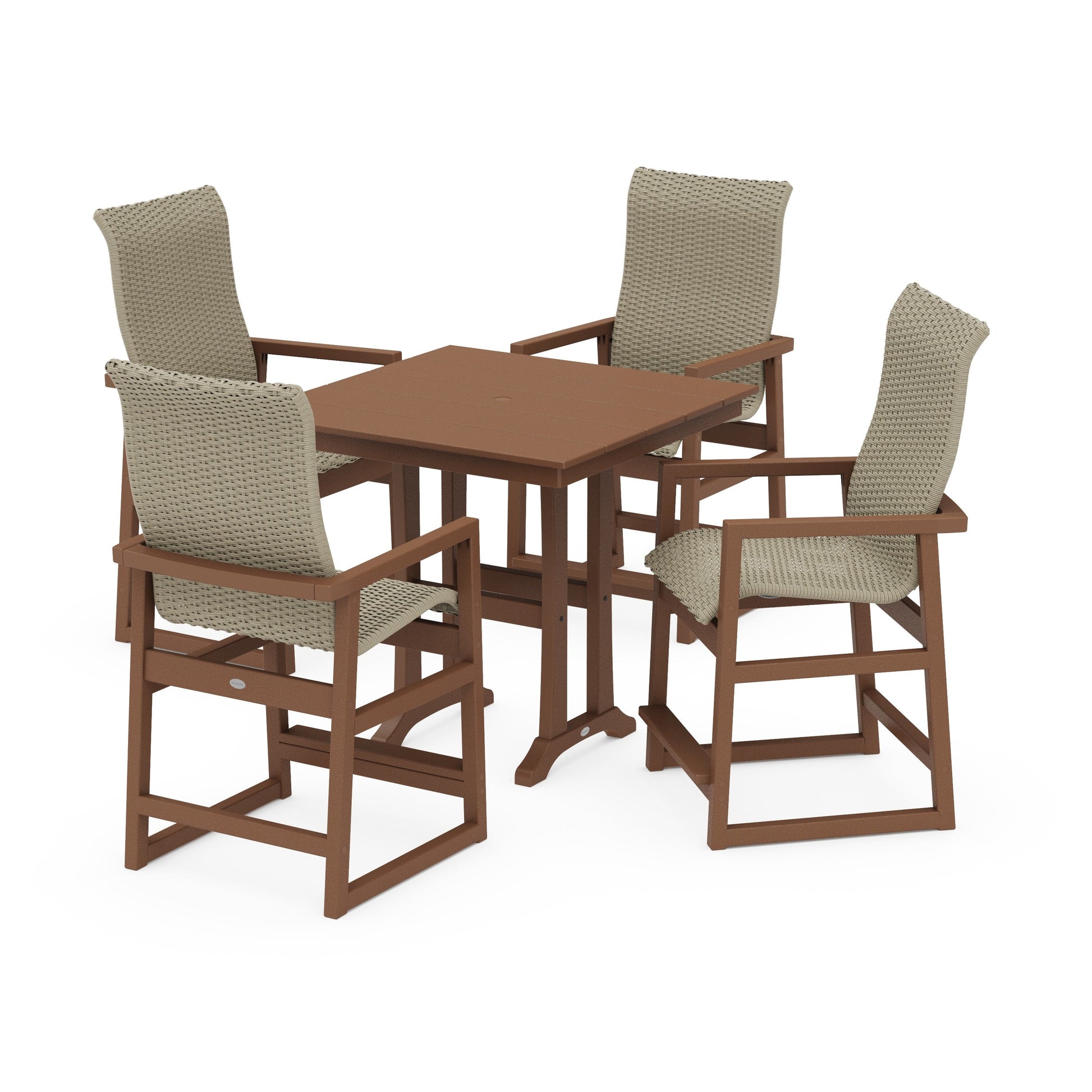 POLYWOOD EDGE Woven Highback 5-Piece Farmhouse Counter Set with Trestle Legs — Teak / Dune Grass