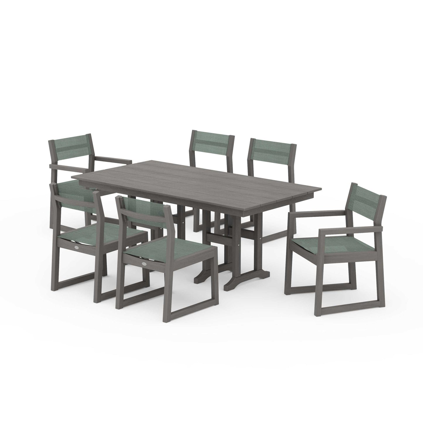 POLYWOOD EDGE Sling 7-Piece Farmhouse Dining Set — Driftwood / Dupioni Sea Mist Sling